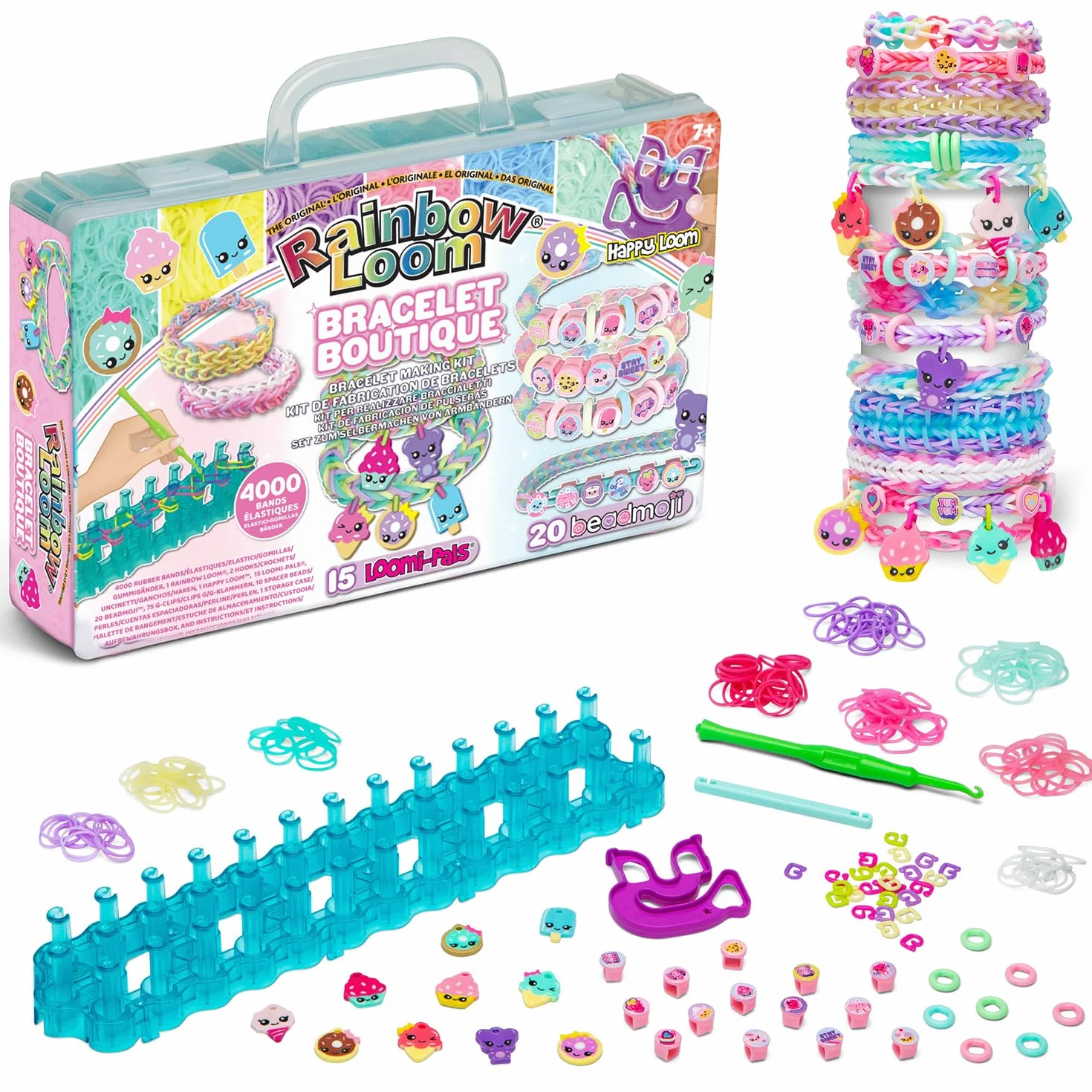 Bandai - Rainbow Loom Boutique – Set Automatico per Creare Braccialetti con Elastici - Hobby Creativo - Contiene 4000 Elastici, Ganci, Beadmoji, Charm - Giocattolo per Bambini dai 7 anni in su -CD0186