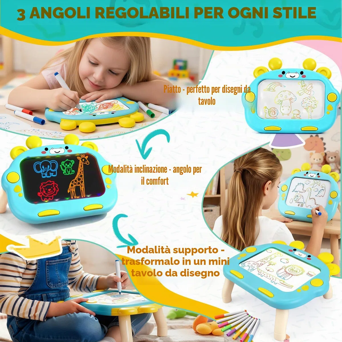 Lavagna Led per Disegnare Bambini, Lavagna Luminosa per Disegnare con 8 Penne Colorate e 8 Modalità di Illuminazione, Lavagnetta Cancellabile Bambini per 3-8 Anni Ragazzi Ragazze