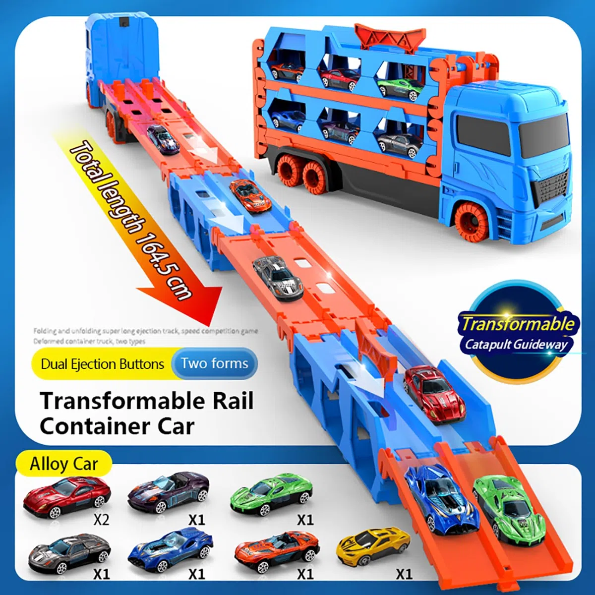 Camion Trasporto Giocattolo con 8 Macchinine, Auto per Bambini di 3,4,5,6,7,8+Anni,Garage,Portatile e Pieghevole con Circuito da Corsa da 61 Pollici,Regalo di Compleanno per Bambini