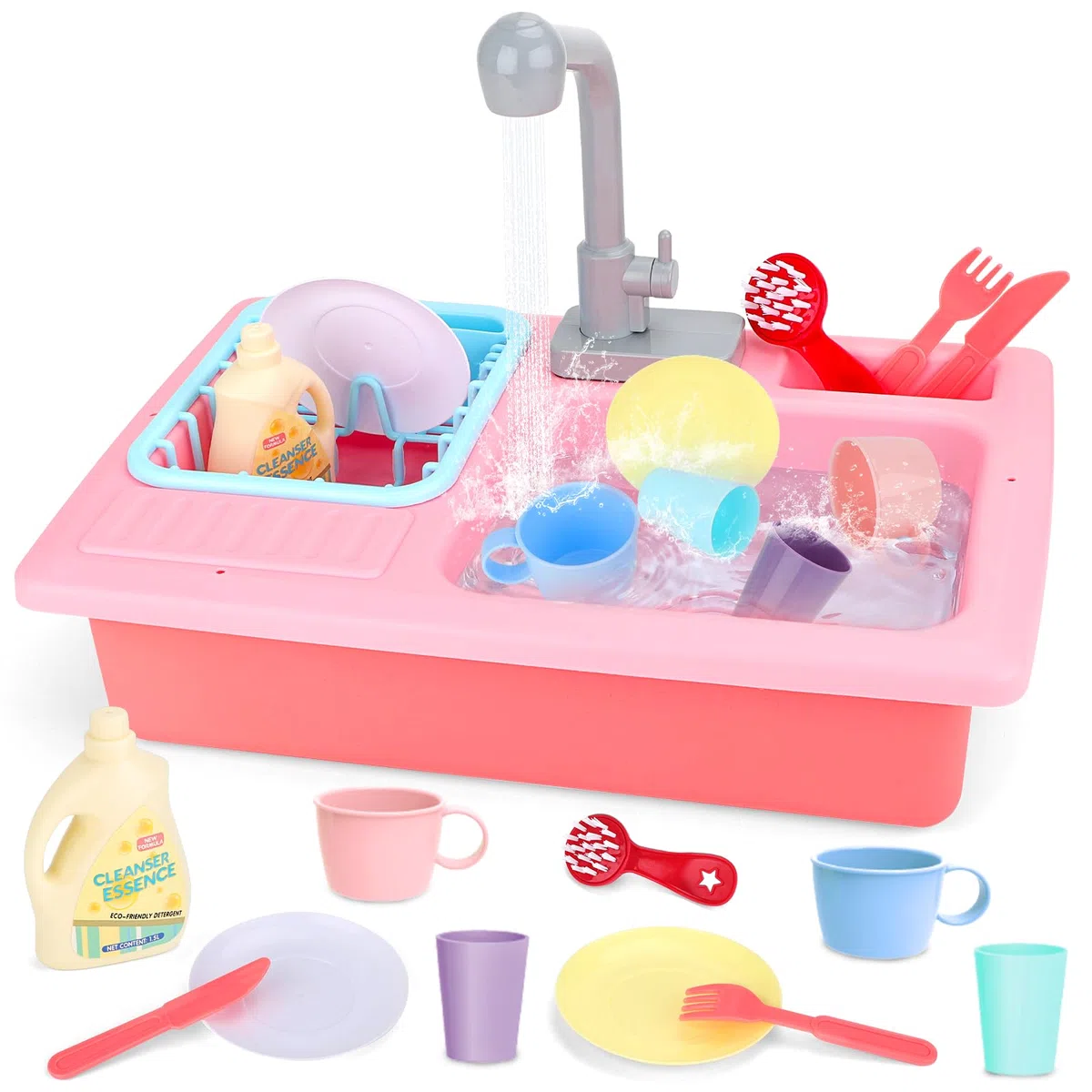deAO Lavello da Cucina Gioco di Ruoli con Simulatore di Acqua Elettrico e Accessori (Rosa)