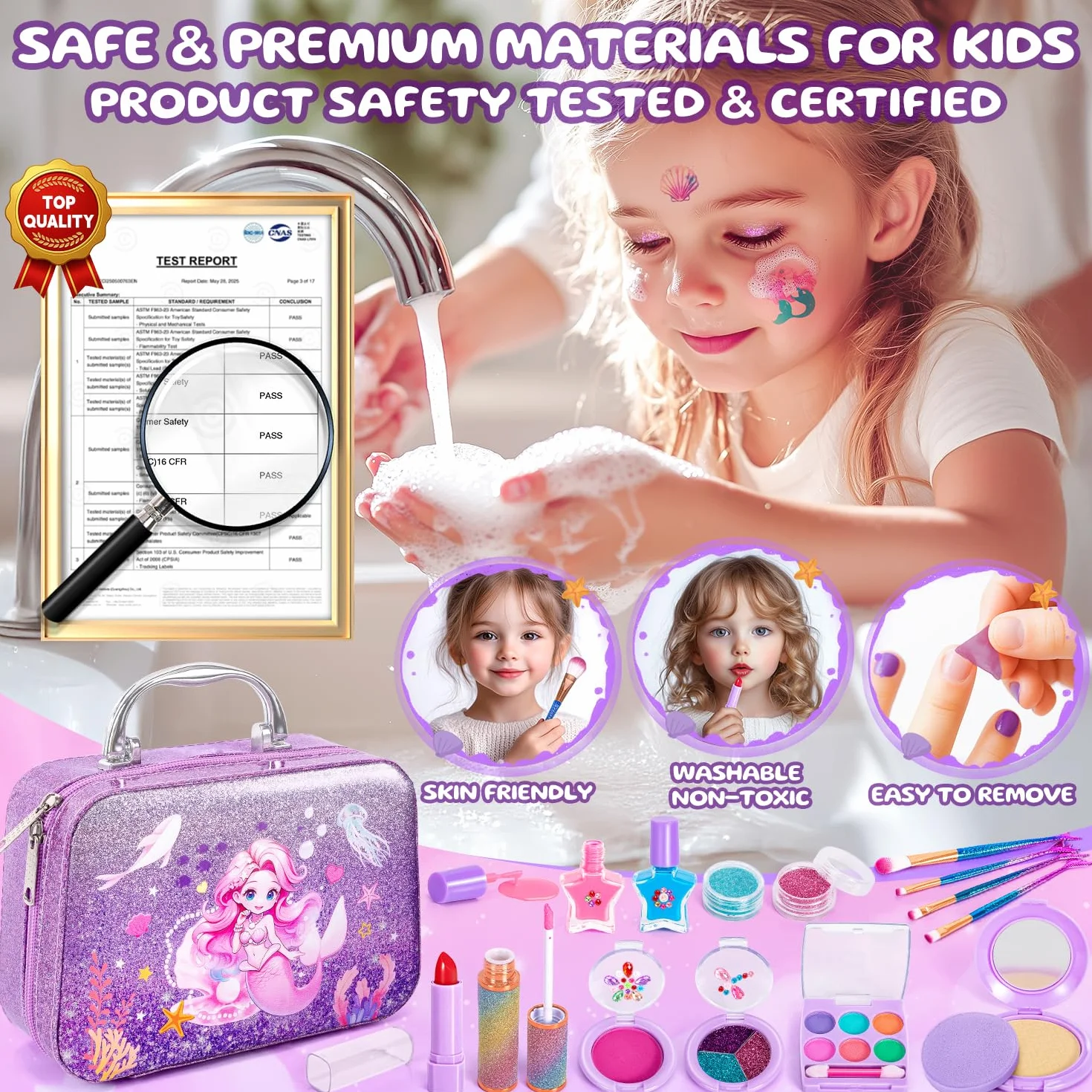 Hohosunlar Trucchi Bambina Giocattoli, Lavabile Set di Trucco per Bambini con Principessa Borsa, Kit Trousse Valigetta Trucchi Giochi, Halloween Natale Compleanno Regalo Bambina 3 4 5 6 7 8 9 10 Anni