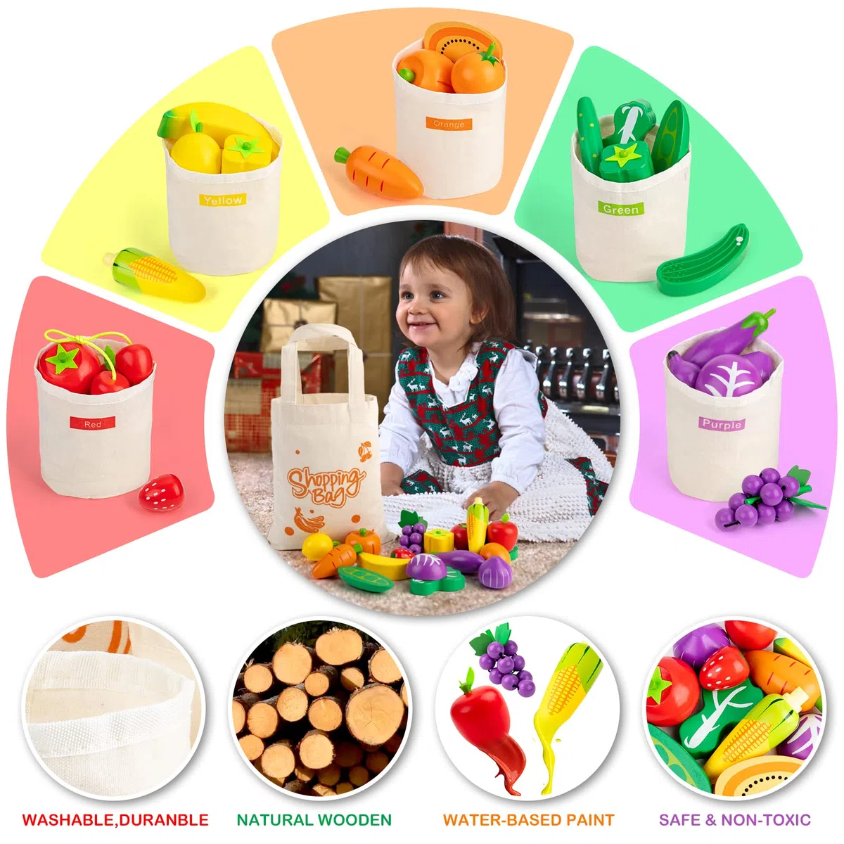 SEMKOTREE Cucina Bambini, Cibo Giocattolo per Bambini Giochi Montessori in Legno Negozio Bambini Legno con Soldi Finti, Giochi di Ruolo Ragazzo e Ragazza Giochi Educativi 3+ Anni