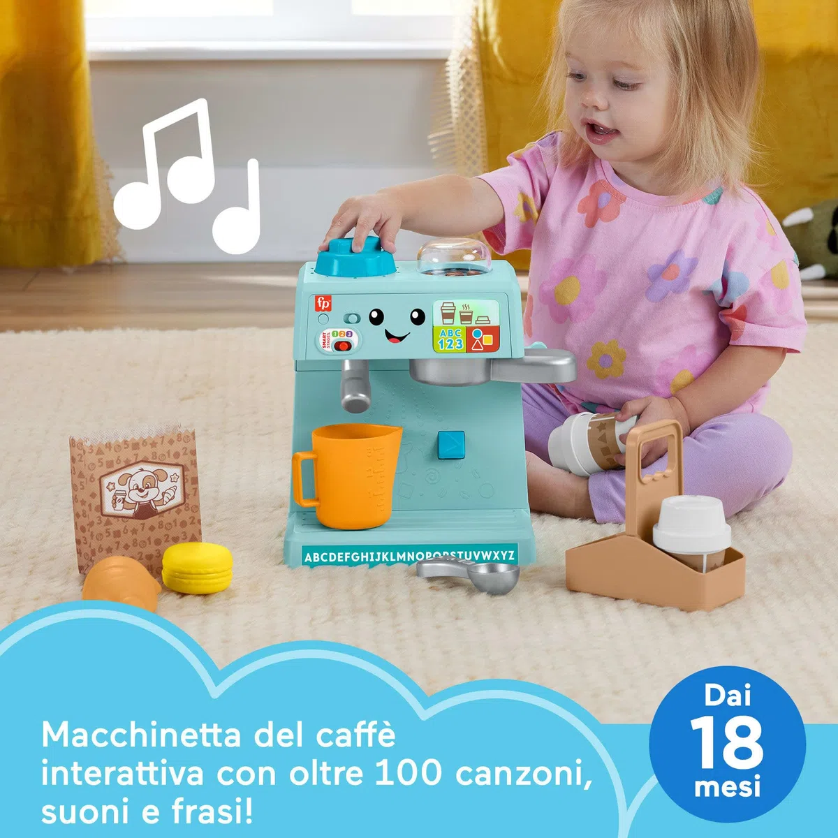 Fisher-Price - La Mia Prima Macchinetta del caffè, Set Smart Stages per l'apprendimento con Pulsanti, Musica e Suoni, 2 Tazze e 8 Accessori Inclusi, Giocattolo per Bambini, 18+ Mesi, HYT02