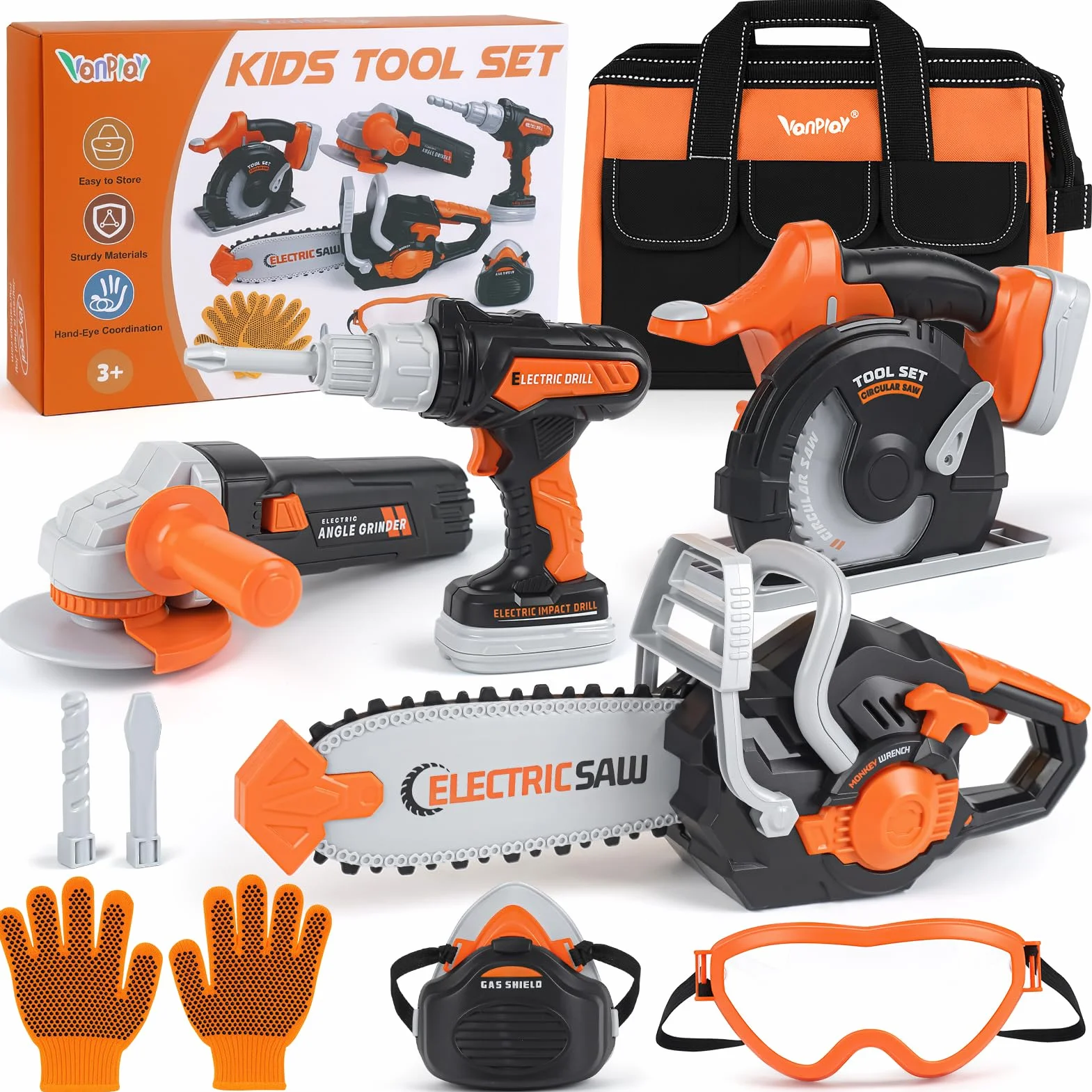 Vanplay Attrezzi Giocattolo per Bambini Modello di Lusso, Regalo Giocattolo per Bambini Piccoli dai 3, 4, 5 anni con Trapano Elettrico, Motosega, Smerigliatrice Angolare, Sega Circolare, Borsa Portaog