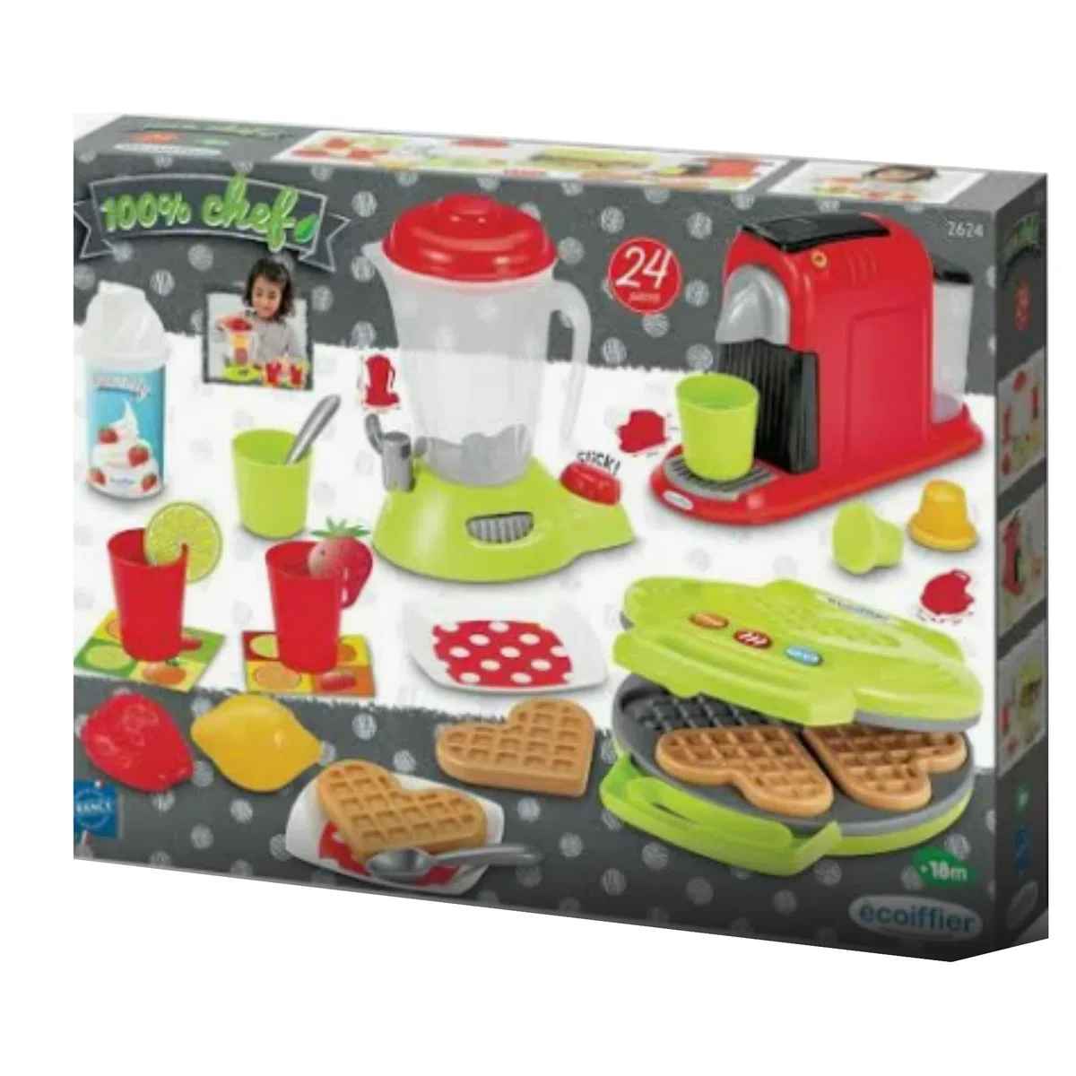 Ecoiffier - EC 100% Chef Set Piccoli elettrodomestici, 7600002524, +18 Mesi, Macchina del caffè + frullatore+ Piastra per Waffle, con Tanti Accessori, Made in France