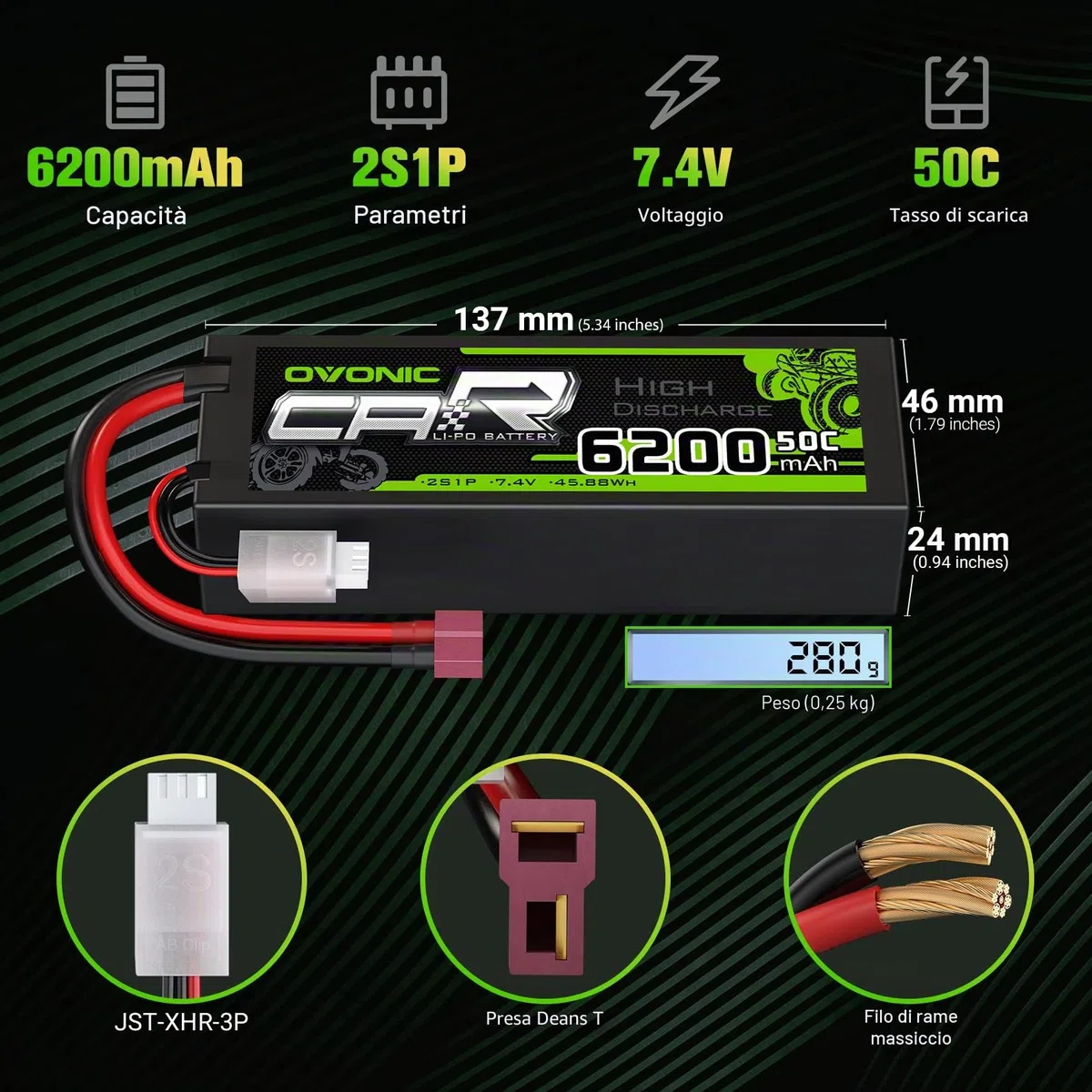 OVONIC 2s Batteria Lipo 6200mAh 50C 7.4V batteria Lipo con Deans Plug HardCase per RC Evader BX Auto RC Camion RC Truggy RC Aereo UAV Drone FPV（ 2 Confezioni）