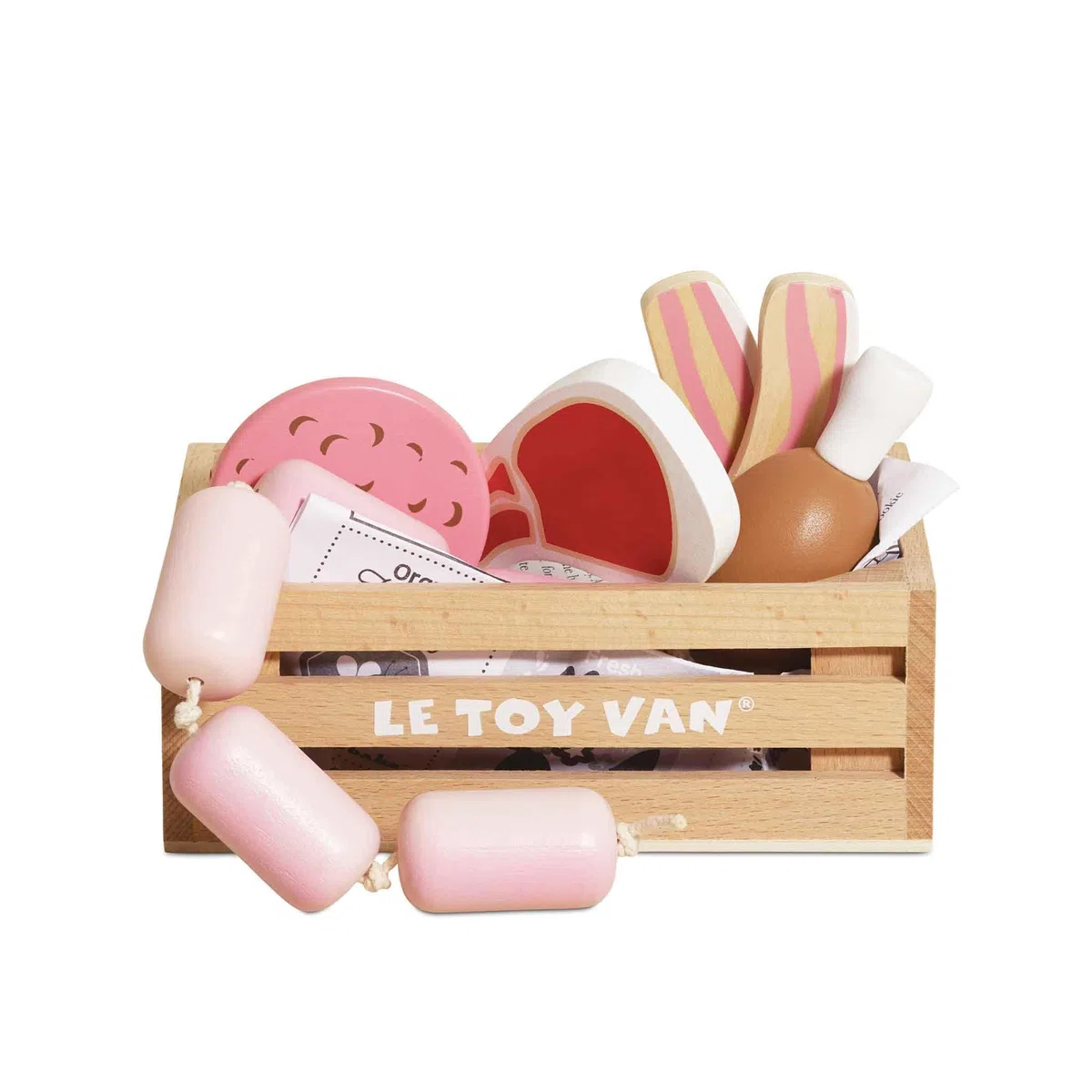 Le Toy Van - TV189 - Gioco educativo per bambini dai 2 anni cassetta di carne e insaccati in legno, giocattoli Montessori, gioco ecologico in legno FSC e colori a base d'acqua