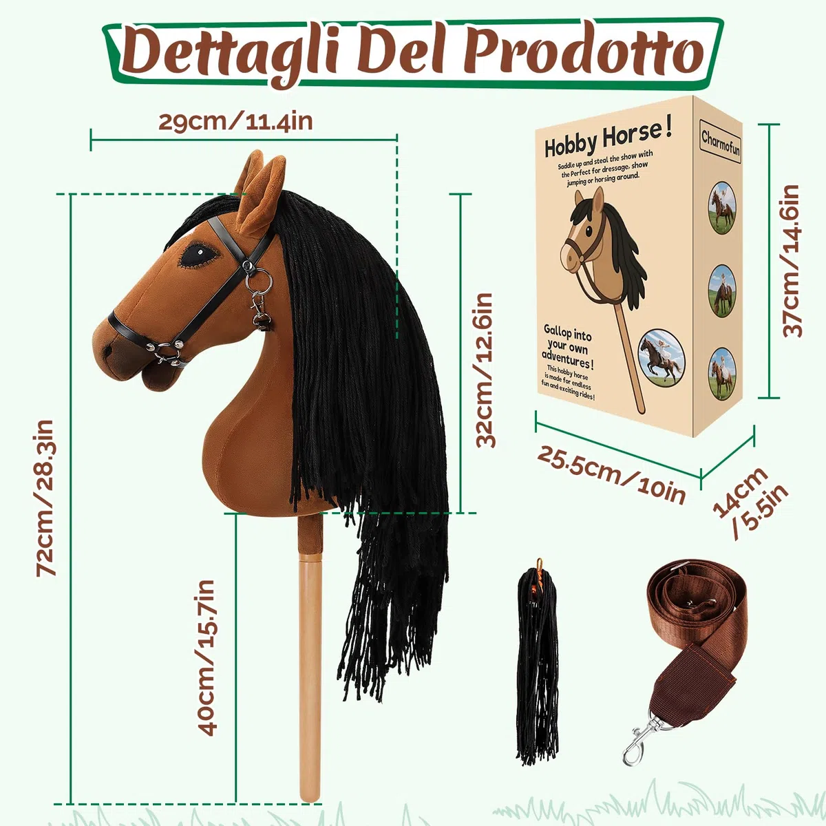 Charmofun Hobby Horse, Cavallo con Bastone per Bambini con Testa A3, Morbido Halter in Peluche, Coda Fluente e Cinghia Regolabile, Ideale per Gioco e Regalo (Marrone)