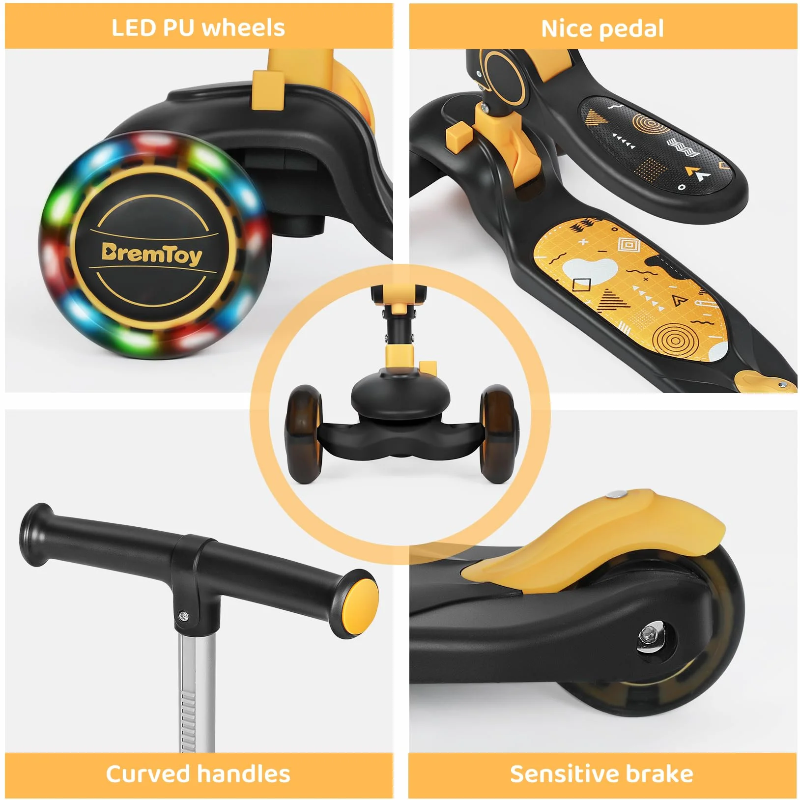 BremToy Monopattino Bambini con Sedile, Monopattino Pieghevole con 3 Ruote LED Luce, Altezza Regolabile per Bambini 2-8 Anni, Carico 50 kg