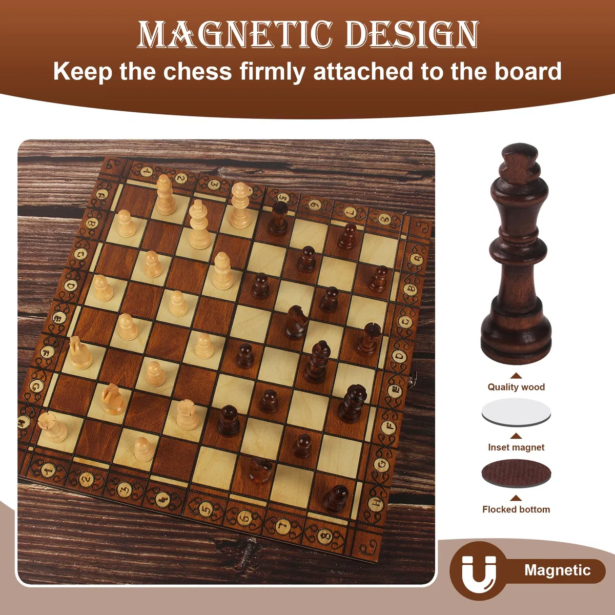 Scacchiera in Legno, 3 in 1, 34x34cm Scacchiera Magnetica Portatile, Gioco da Tavola per Bambini e Adulti