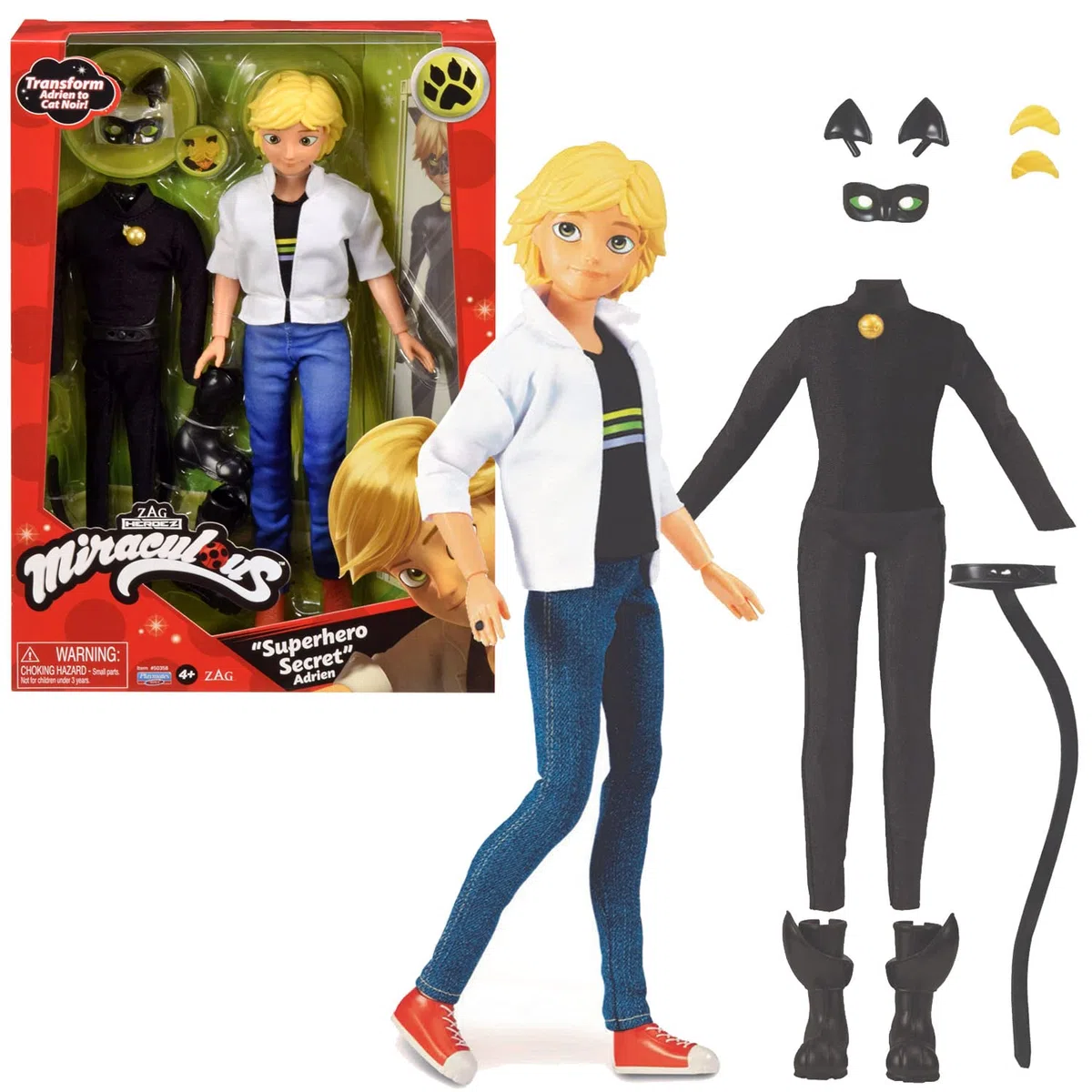 BANDAI - Miraculous - Bambola Miraculous Chat Noir e Adrien - manichino 26 cm e i 2 costumi - Giocattolo Bambola supereroe articolata - Giocattolo per bambini 4 anni e + - P50356