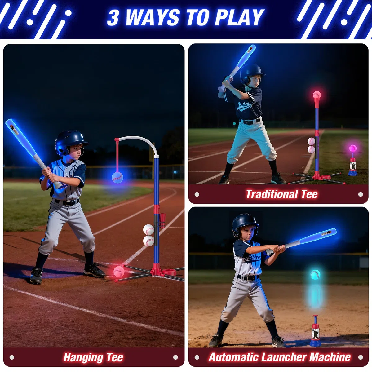 HYES Set da baseball a LED 3 in 1 per bambini dai 3 ai 5 anni, supporto per palline a T, tee da appendere, lanciatore di palline e 4 softball, altezza regolabile, regalo sportivo per interni ed