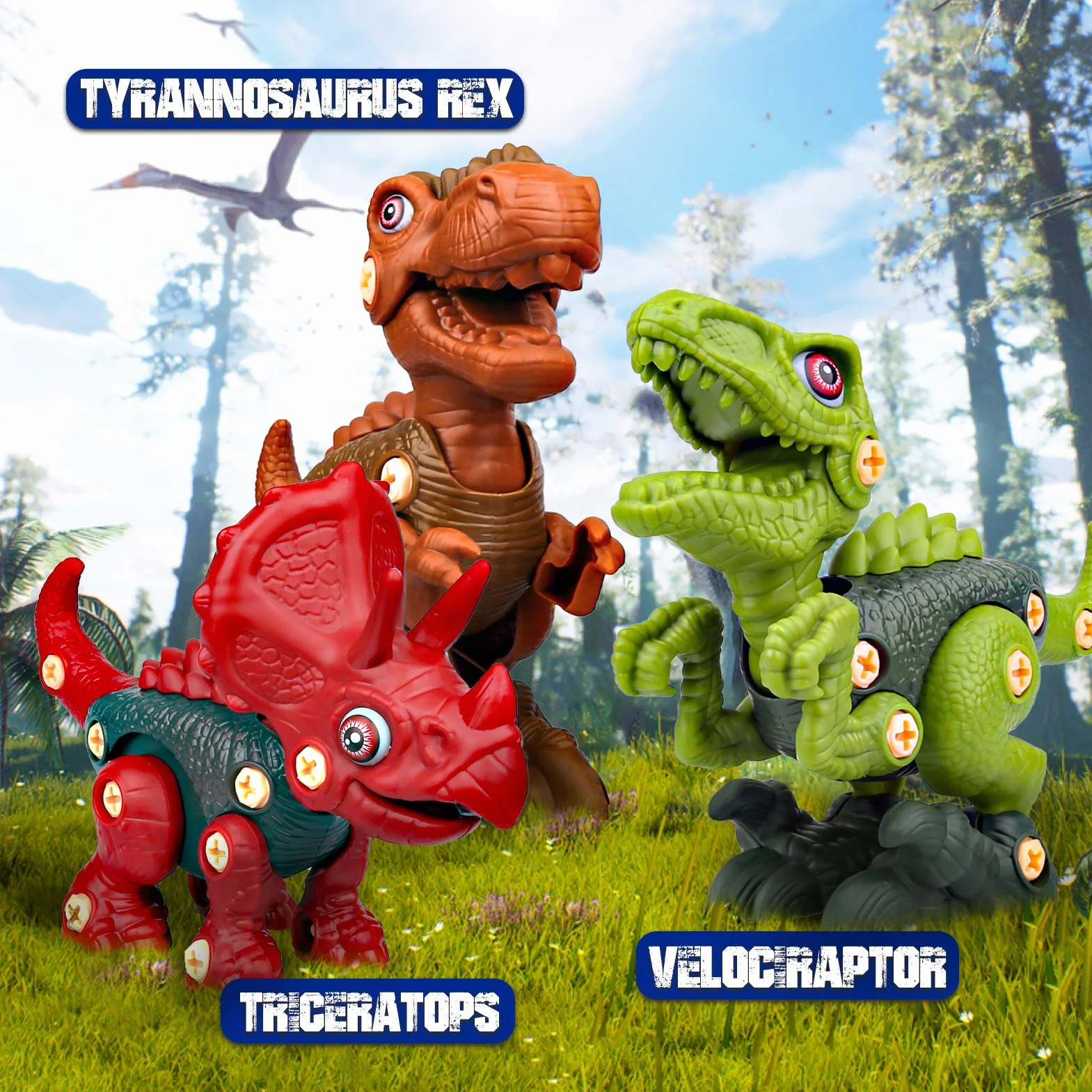 Vanplay Dinosauri Giocattolo con Trapano Giocattolo, Smontaggio Costruzioni includono Tyrannosaurus Rex, Velociraptor e Triceratops per Bambini 3 anni