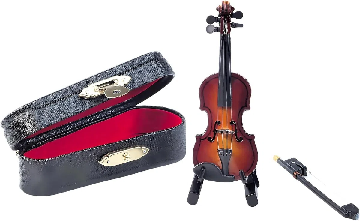 Violino in miniatura in legno con supporto, arco e astuccio, mini strumento musicale in miniatura modello casa delle bambole mini violino come decorazione per casa, ufficio, compleanno, Natale (8 x 3