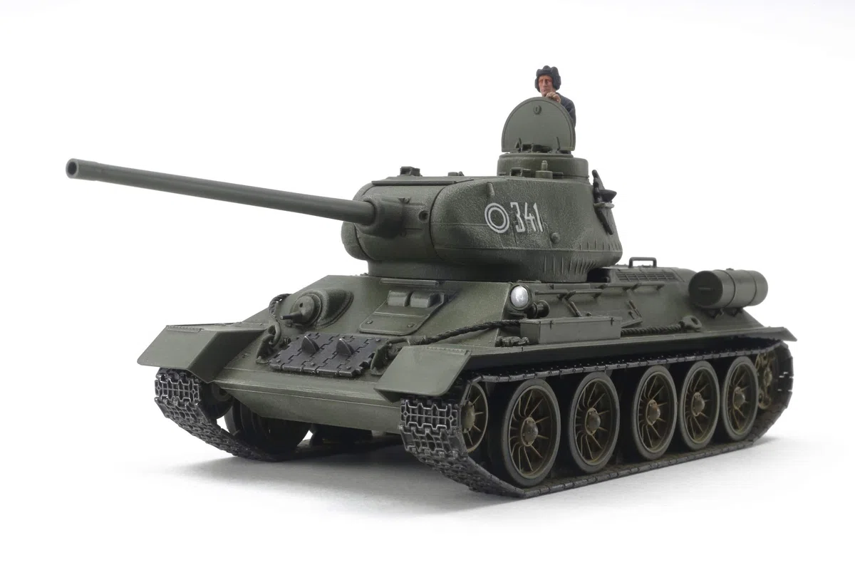 TAMIYA 32599-000 - Kit di costruzione in plastica, 1:48 Rus. Mit. Pz. T-34/85, per modellismo, fai da te, hobby, incollaggio, in plastica, verde scuro