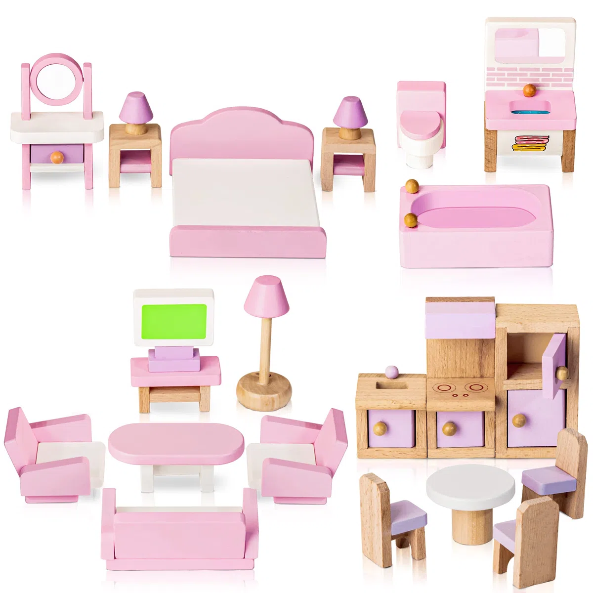 Set di Mobili per Casa delle Bambole in Legno, 5 Stanze 22 Mini Accessori Include Cucina Sala da Pranzo Soggiorno Camera da Letto Bagno per Ragazzi