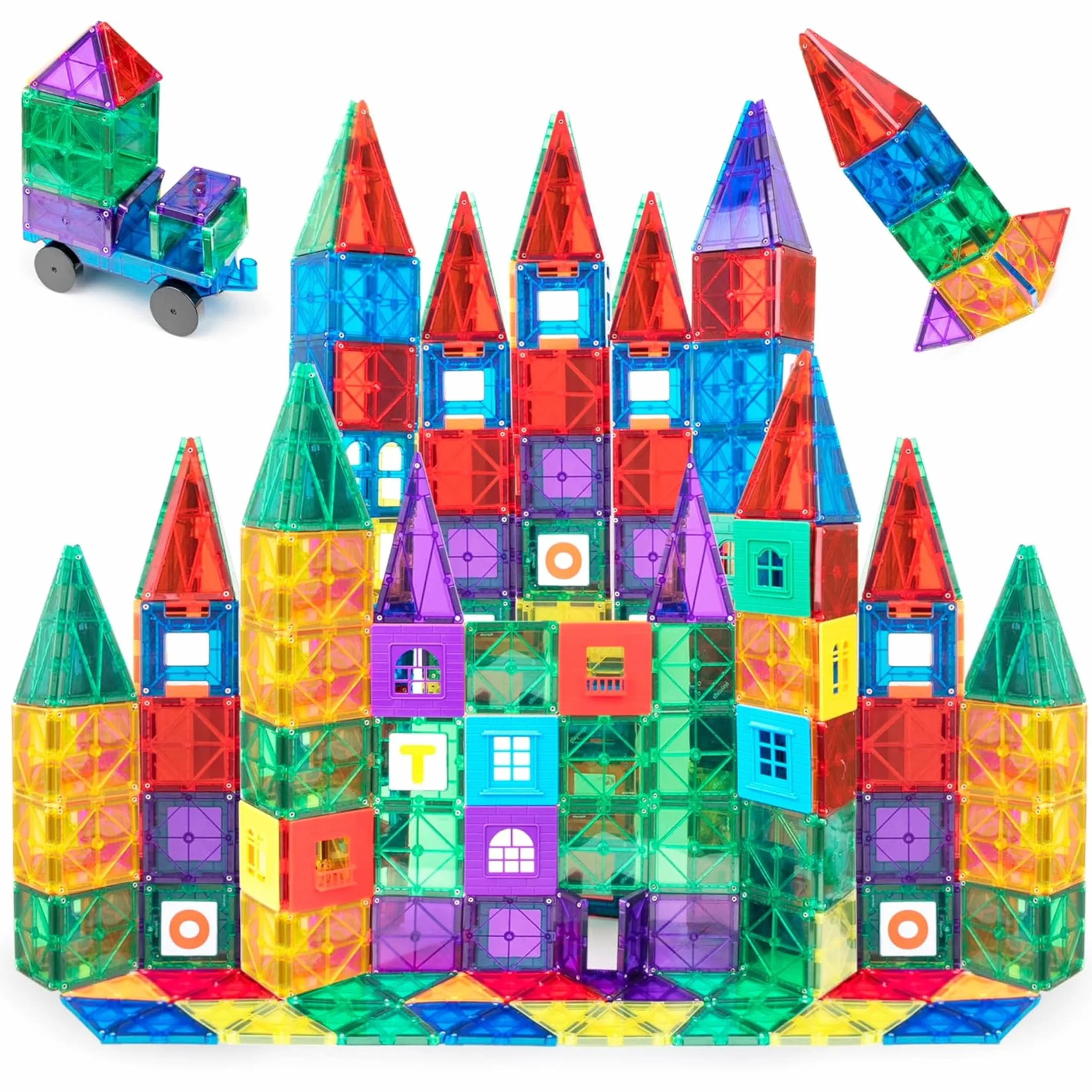 Playmags 100 Pcs di Costruzioni Magnetiche - Impara Forme,Colori e Alfabeti - STEM Magneti più Forti Giocattoli - Blocchi Magnetici 3D - Resistenti tessere magnetiche bambini - Costruzione Magnetica