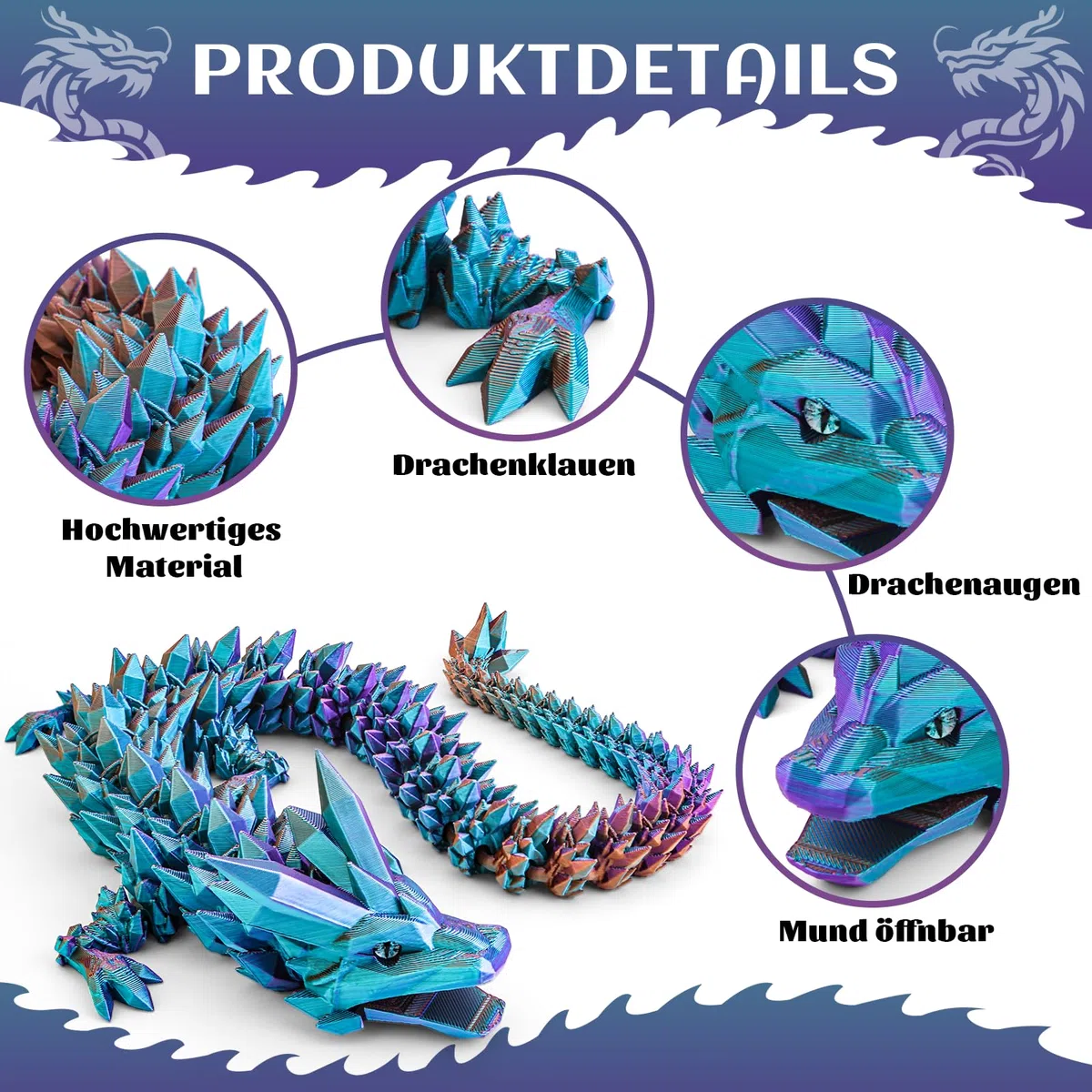Drago stampato 3D, 60 cm, giocattolo con gli occhi, misteriosi figure di drago realistico, con articolazioni eque, in cristallo, regalo per bambini