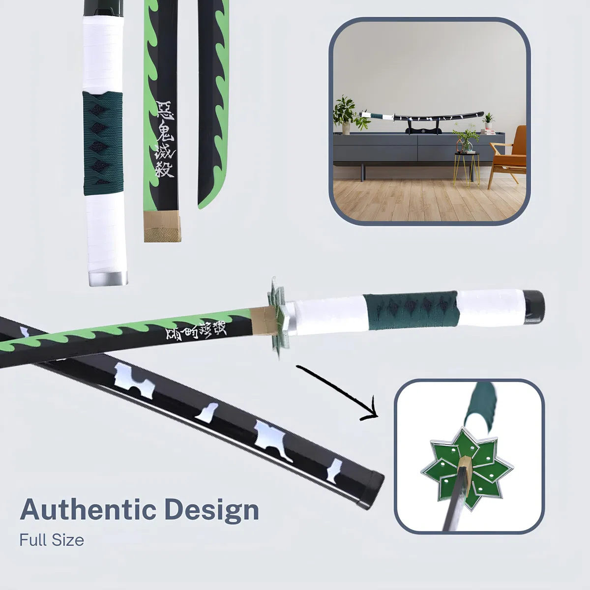 Katana Demon - Vera Manga Sciabola + Porta Spada di Legno + Cintura - Catana Giapponese Decorazione Cosplay Giocattolo per Bambini Adulti Gioco Costumi
