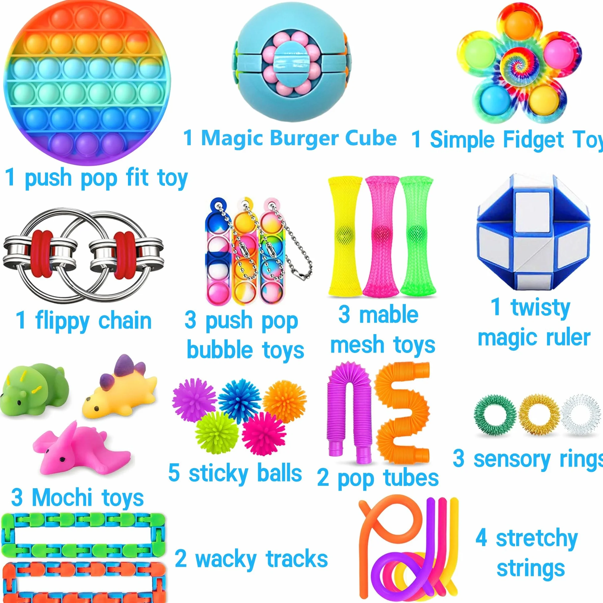 Chennyfun Fidget Toy Set, 30 Pezzi Fidget Toys Pack, Mini Squeeze Toys Cubo Magico Giochi Sensoriali Anti Ansia e Stress è Adatta per Adulti e Bambini, può Essere Usata Come Regali per Feste