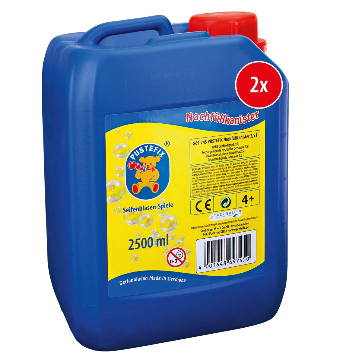 PUSTEFIX Bolle colorate prodotte in Germania, 2 x 2,5 l, per matrimoni, compleanni dei bambini, feste estive, bolle di sapone colorate per bambini e adulti