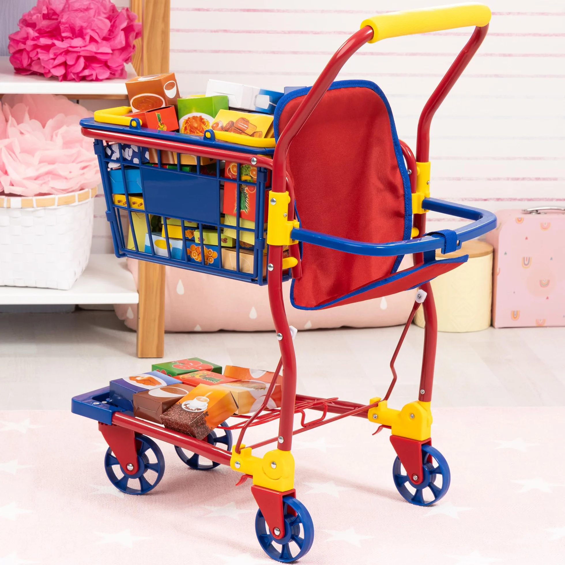 Bayer Design 75003AA Carrello della Spesa per Bambole con Sedile Integrato, Accessori per la Spesa Colorati