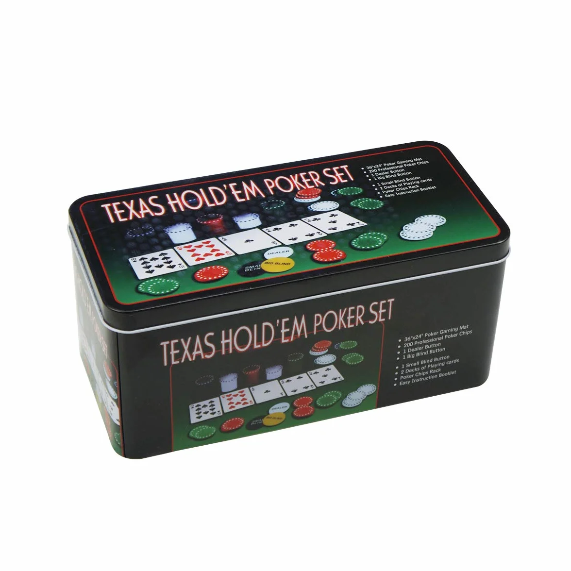 Set di poker - Blackjack in una scatola di metallo, 200 gettoni da poker, 2 mazzi, pulsante dealer, small blind, big blind, play mat