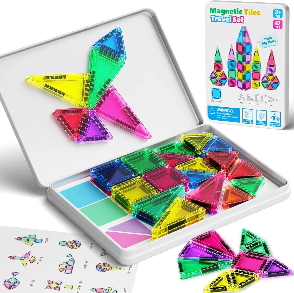 Set di 42 mattonelle magnetiche da viaggio per bambini, portatili, da viaggio, mini piastrelle magnetiche, giocattoli magnetici, scatola da costruzione montessori, giocattolo regalo per bambini di 3+