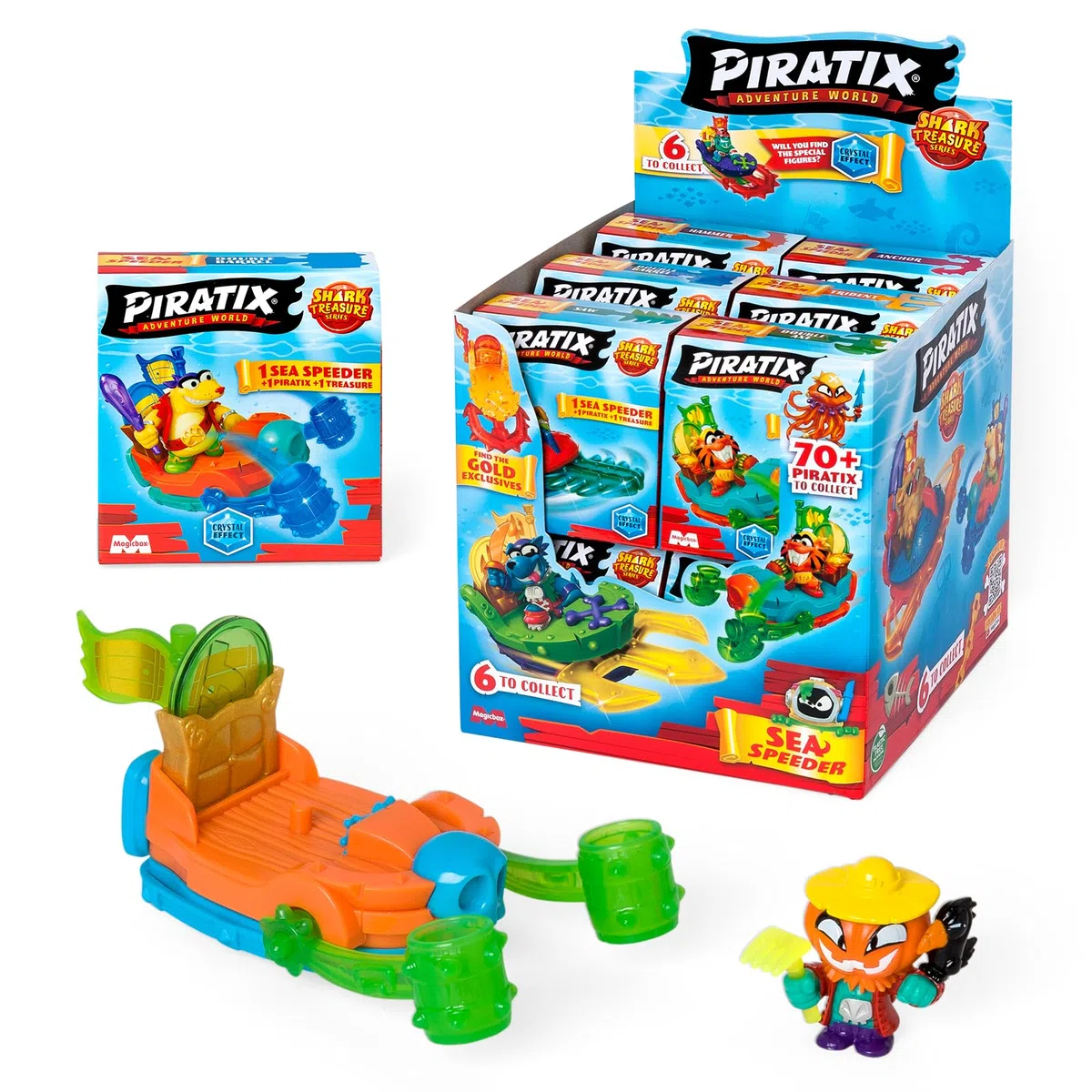 PIRATIX ADVENTURE WORLD - Serie Shark Treasure, display con 12 Sea Speeder, barca monoposto Piratix, Piratix sorpresa, accessorio cristallo, tesoro effetto cristallo