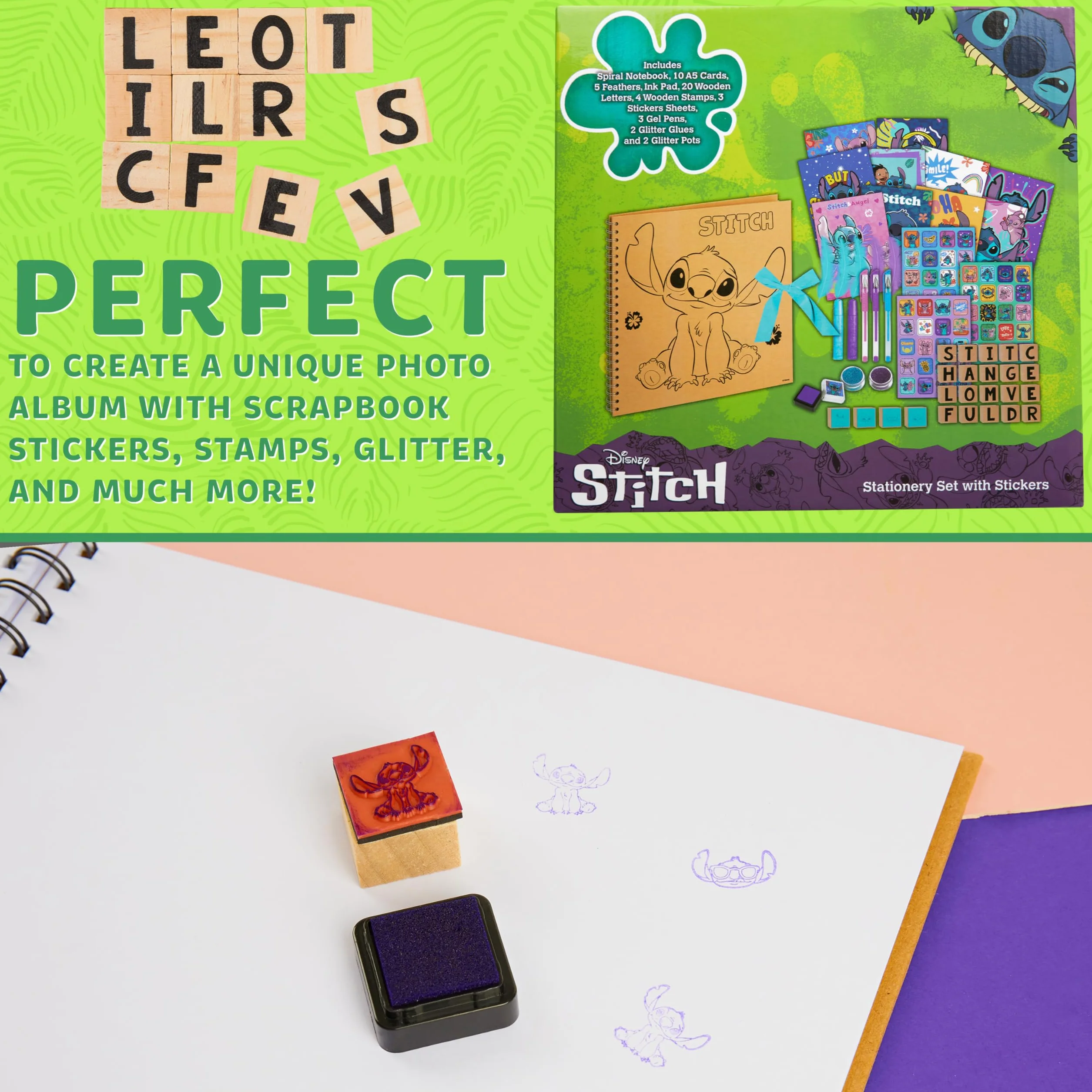 Disney Stitch Scrapbooking Kit Bambini Ragazzi, Kit Accessori Scrapbook, Adesivi, Francobolli, Penne Gel - Regali per Ragazze