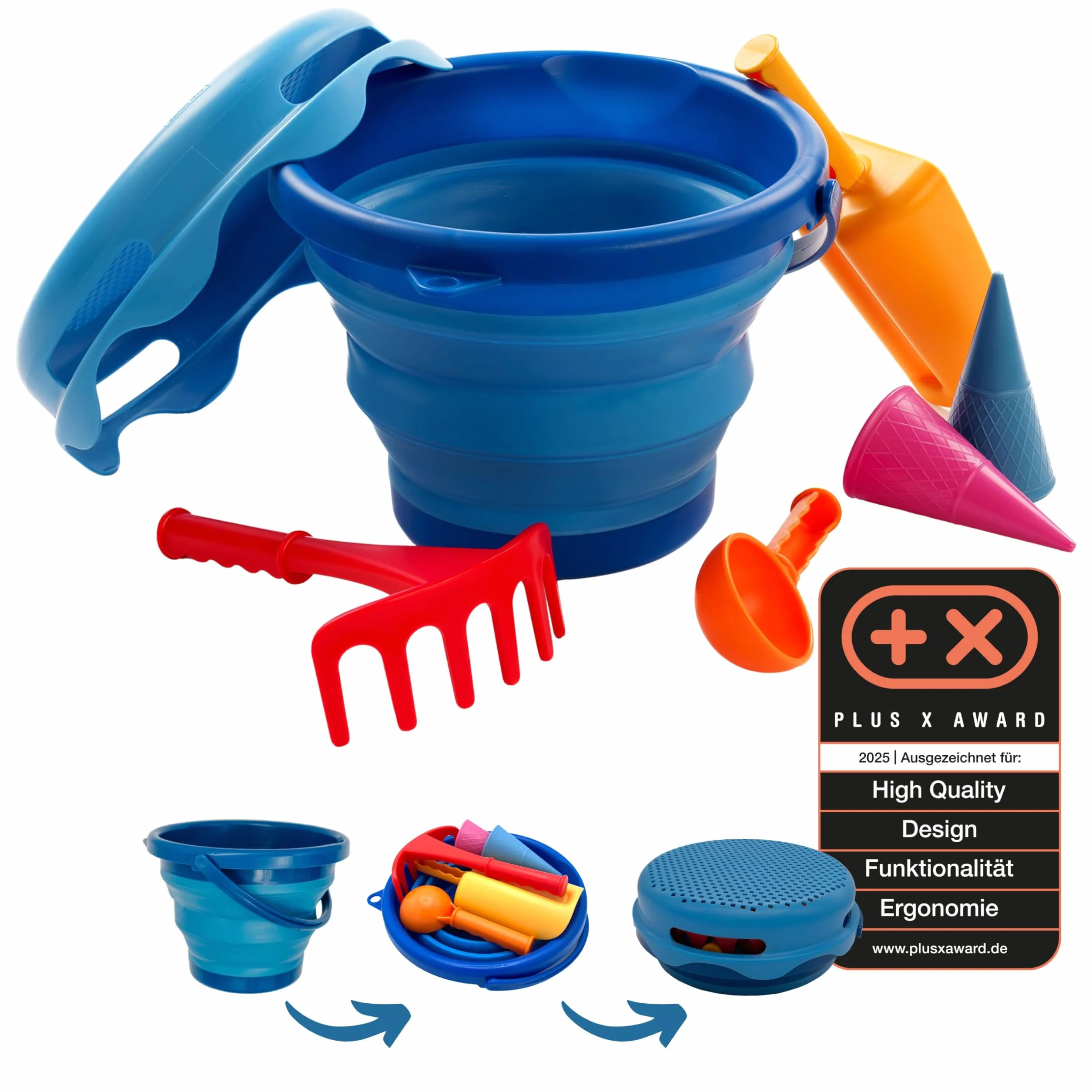 Schildkröt 7in1 Set da Gioco di Sabbia, Innovativo, Compatto e Salvaspazio, Secchio Pieghevole da 3 Litri con 6 Giochi di Sabbia per Scavare, Modellare, Setacciare e Rastrellare, 970244