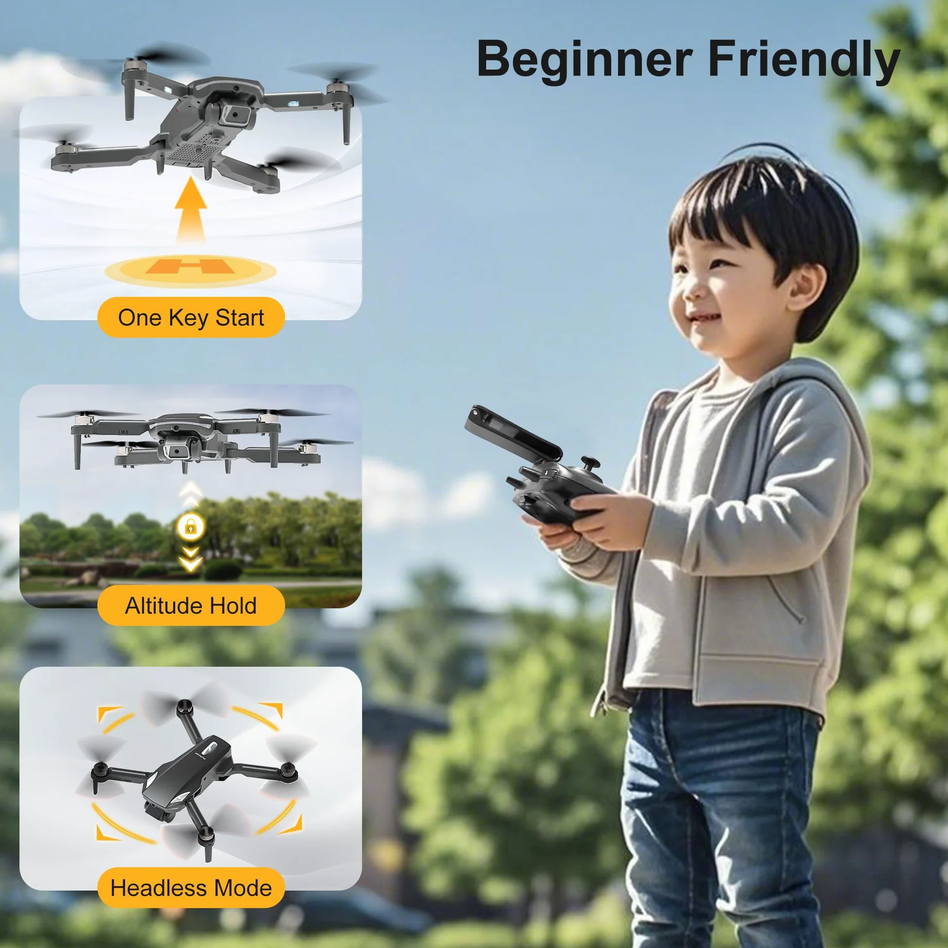 Drone con Telecamera 1080P, RC Quadcopter Pieghevole Drone per Bambini & Adulti, Motore Brushless, Decollo e Atterraggio Unico Tasto, 2 Batterie, Regalo di Gioco per Ragazzi e Ragazze (Black)