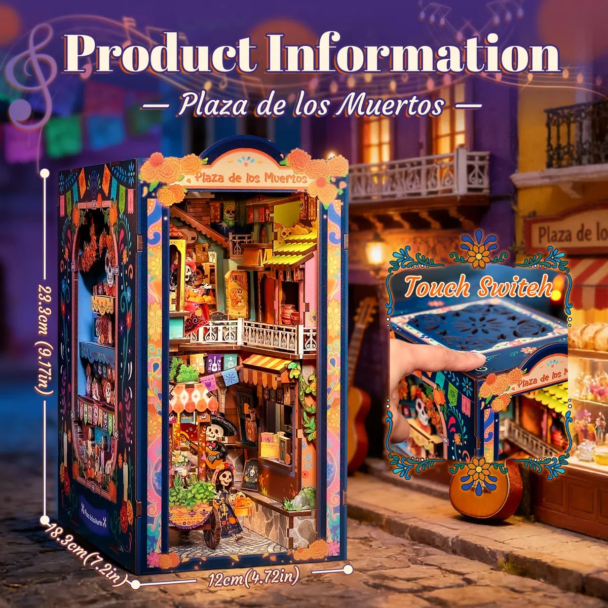 Fsolis Kit Angolo Libro - Miniatura Dia de los Muertos Casetta di Strada, Kit di Puzzle 3D in Legno per Adulti, Decorazione per Libreria, Regalo Unico