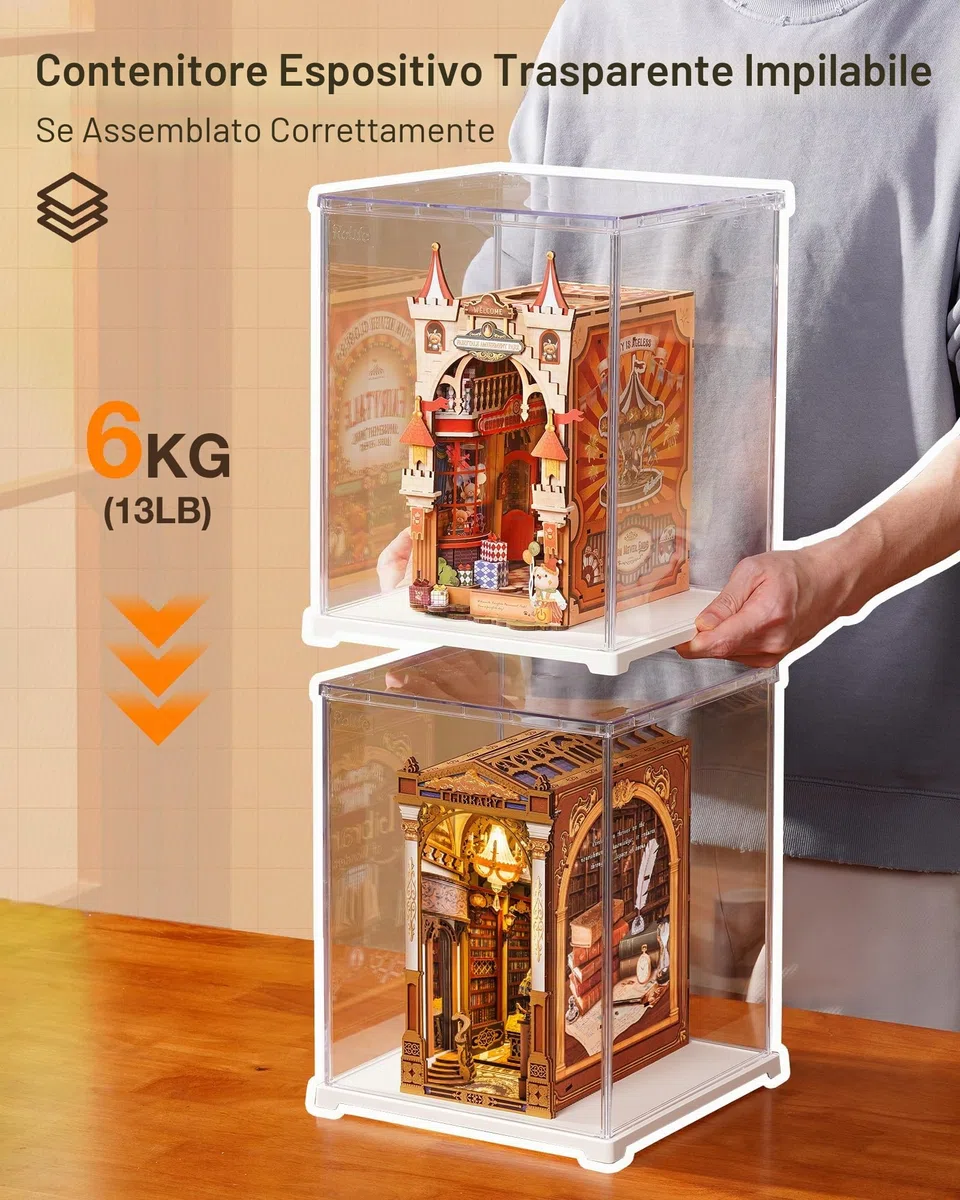Rolife Vetrina in Acrilico con Passacavo Scatola Espositiva Trasparente per Book Nook, Puzzle 3D, Action Figure e Modelli Miniatura LED (23x23x29,2 cm)