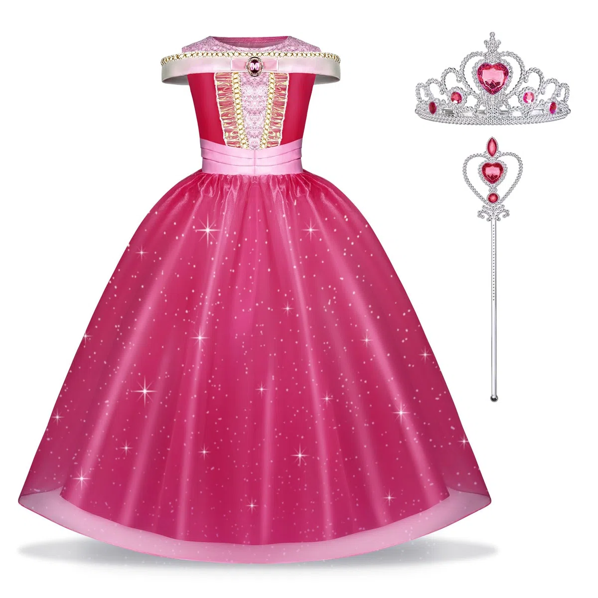 URAQT Costumi Principessa, 3 Pcs Vestito Bambina Bella Addormentata Costume con Accessori, Ragazza Abiti Principessa Abito Principessa Rosa da Carnevale Halloween Cosplay