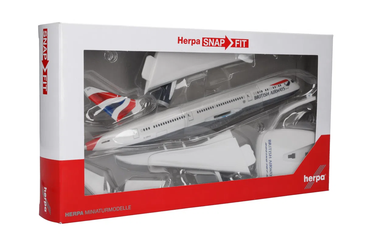 Herpa Modello di Aereo Boeing 787-9 British Airways - Dreamliner in Scala 1:200 - Snap-Fit, Pezzo da Collezione, Miniatura Deco, Statuetta con Supporto in plastica