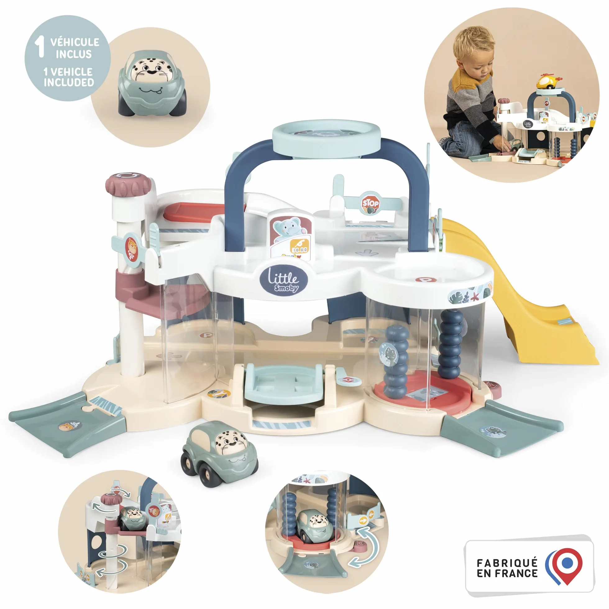 Smoby Little Smoby Primo Garage, 7600140202, +18 Mesi, Tante Attività per i Piccoli, un'Auto Inclusa