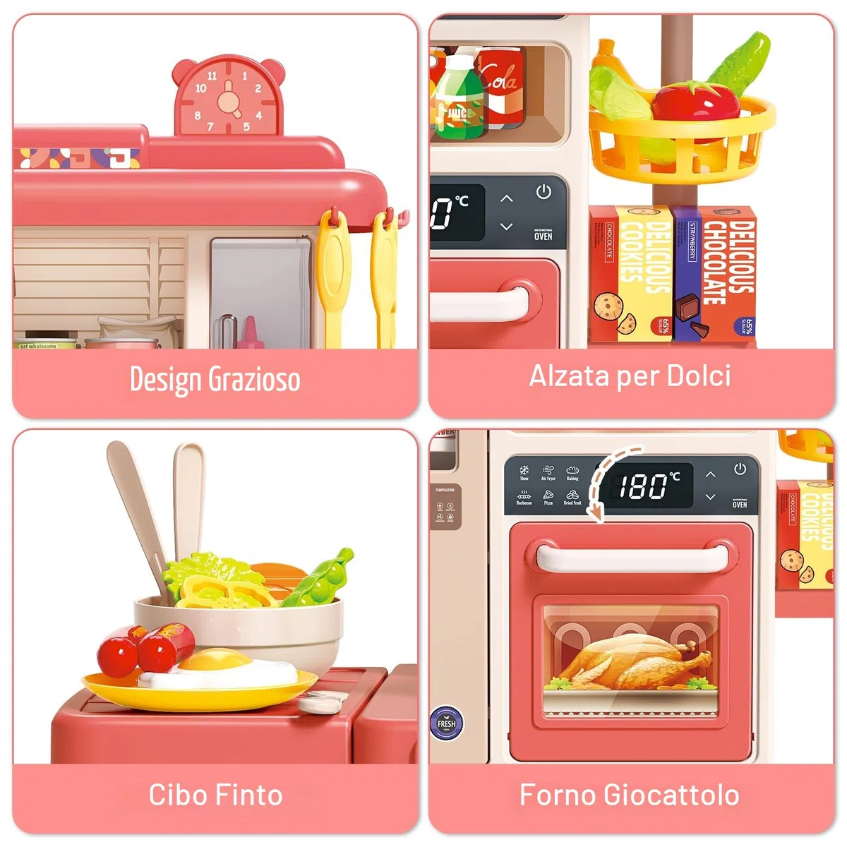 deAO Kitchen Toy Cucina per bambini con suoni e luci, vapore, 50PCS accessori da cucina per bambini include piatti, cibo, lavello, forno e piastre di cottura giocattoli, set da gioco, Rosa