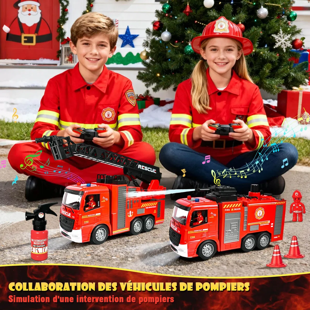 HILKKET 2 Camion Pompieri Giocattolo, Camion Pompieri Telecomandato con Luci, Suoni, Scala e Pompa Dell'acqua, con 2 Pompieri, 4 Secchielli e 1 Estintore