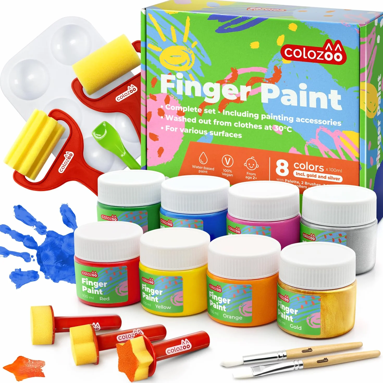 colozoo Colori a Dita per Bambini Atossici Inc. accessori | Tempere Lavabili per Bambini 8x100ml Colori Inc. Oro e argento | Senza Parabeni, Glutine e Lattosio, a Base D'acqua, Vegano