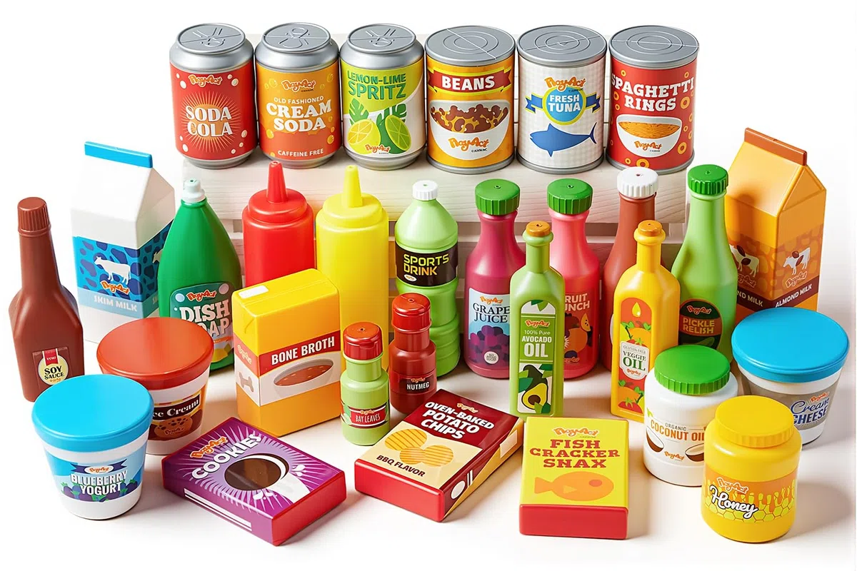 JOYIN 30 Pezzi Giocattoli per Bambini in Plastica Giocattoli Alimentari Scatole della Spesa, Giochi di Imitazione Accessori da Cucina, Cibo Finto Regali per Bambini e Giocattoli al Coperto