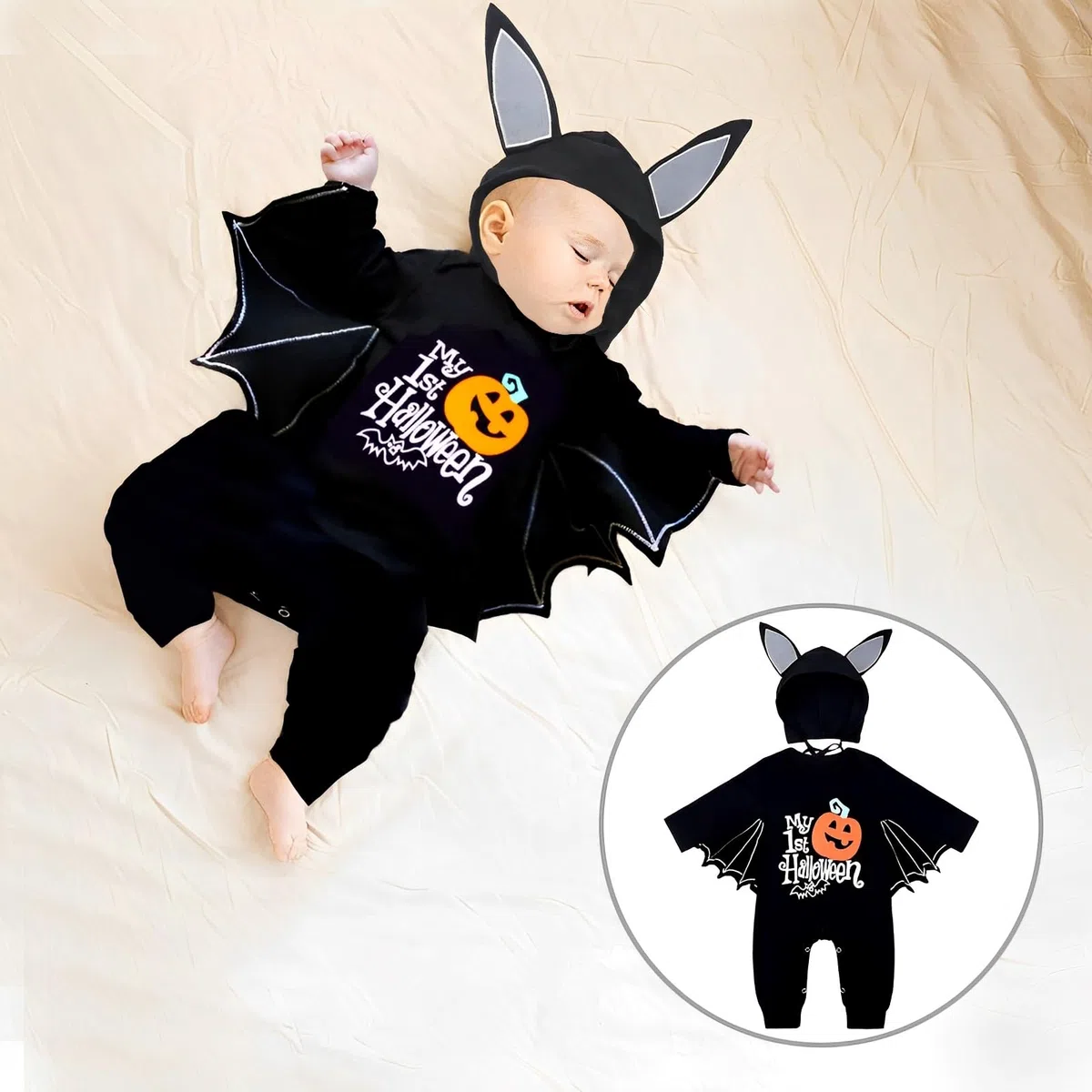 Bambino Halloween Pipistrello Costume, Pipistrello Pagliaccetto Baby, Pagliaccetto Bambino Cosplay Costume, Halloween Costume Con Cappello, Adatto a Bambini di 0-7 Mesi, Unisex