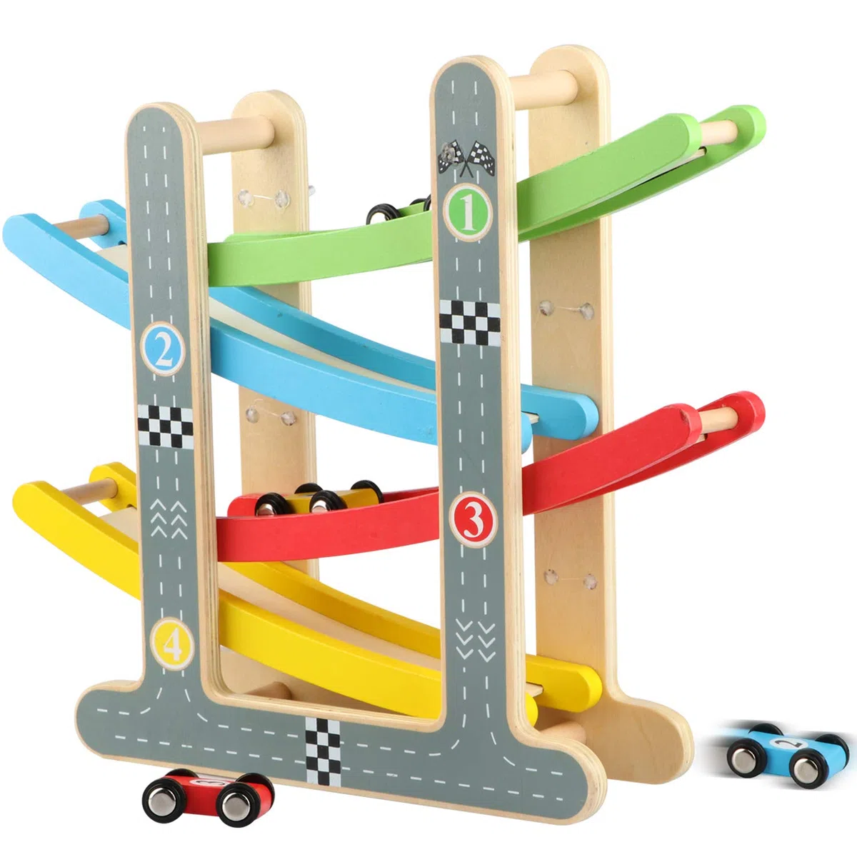 Jacootoys Pista Macchinine per Bambini Piccoli, Pista Auto Giocattolo Macchine Corsa, Pista da Corsa in Legno Giochi con 4 Mini Auto