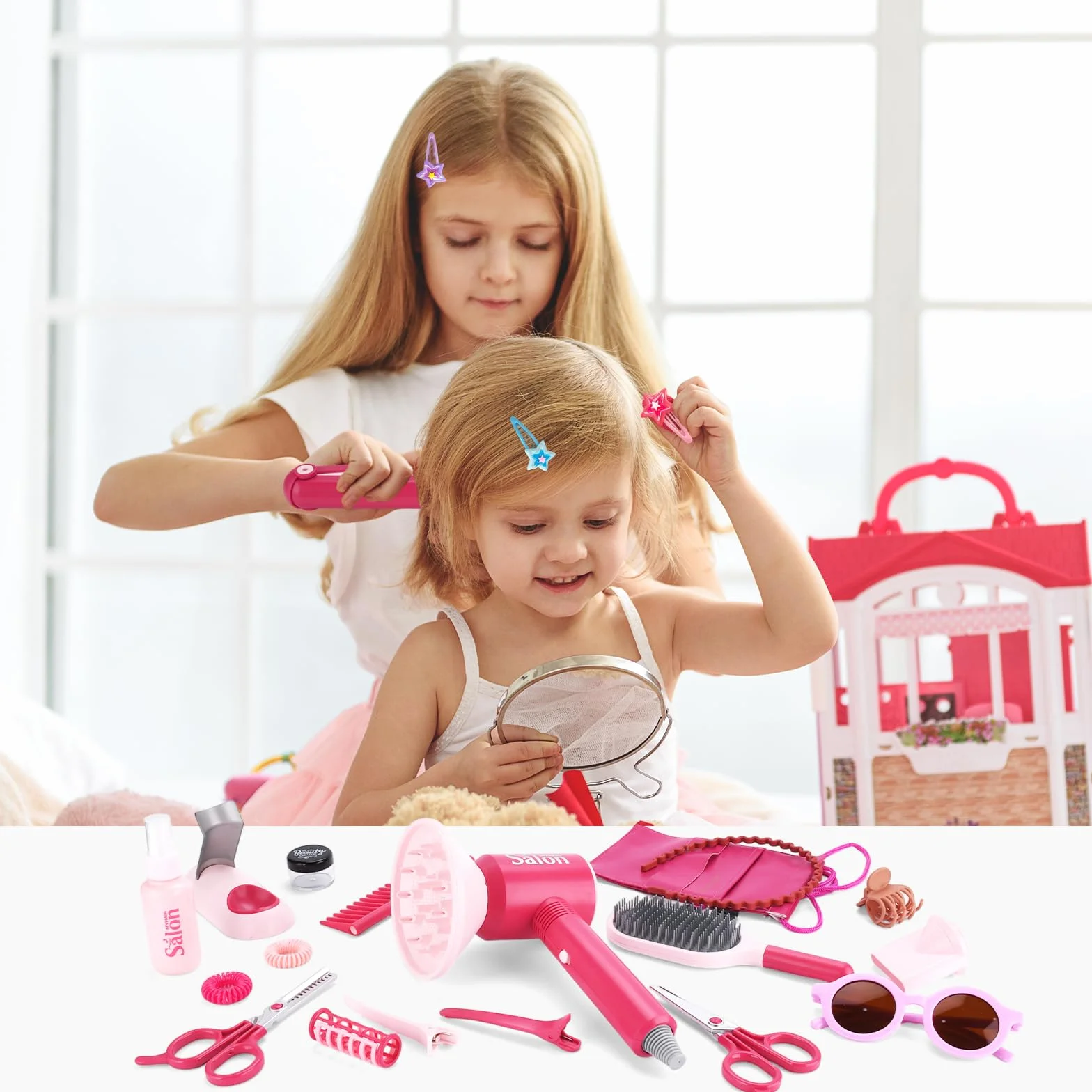 Set Parrucchiera Bambina,Gioco Parrucchieri per Bambini,25 Pezzi Kit di Bellezza e Parrucchiere per Bambini con Asciugacapelli,Arricciacapelli e Altri Accessori,Regalo Bambina 3 4 5 6 7 Anni