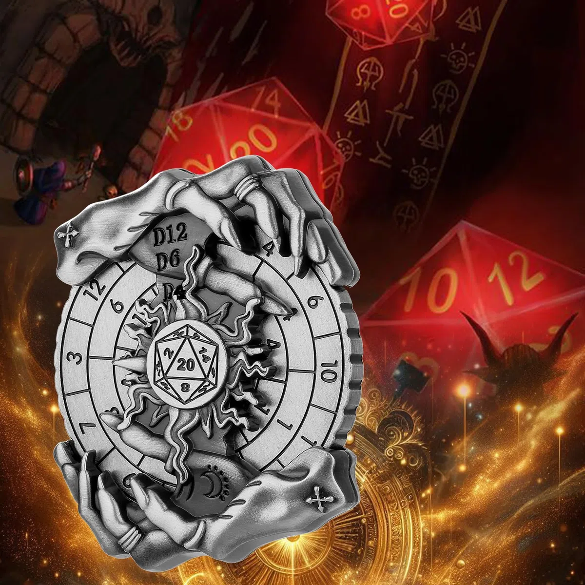 Mano Magica DND Ruota Dadi Spinner, 7-in-1 Metallici Spinner di Dadi, Roulette Mano Magica, Regali D&D, Sacchetto Regalo con Logo Drago, Giochi di Ruolo, Accessori per Giochi da Tavolo, Argento Scuro