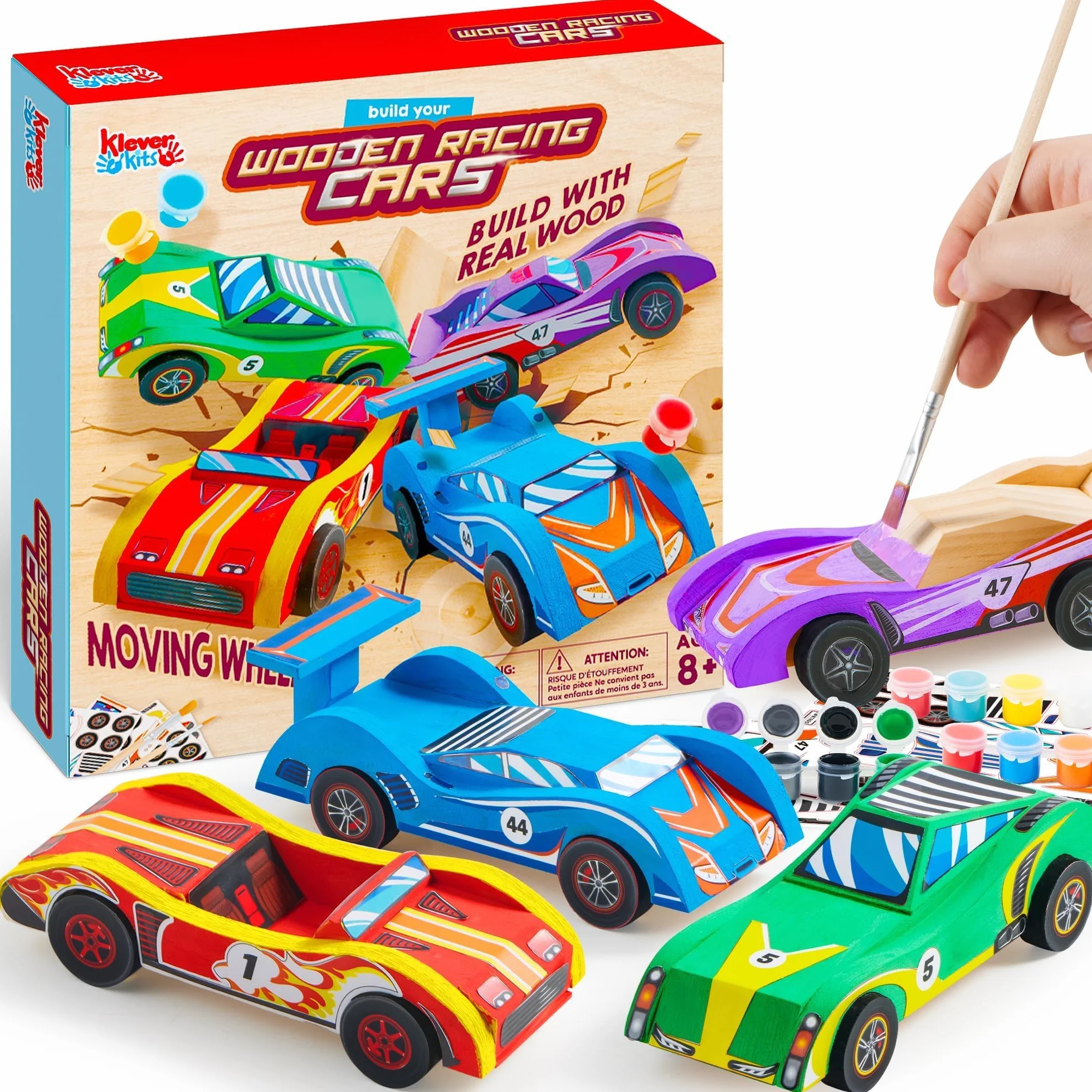 Klever Kits 4 Kit Fai-da-Te per Costruire e Dipingere le Tue Auto da Corsa in Legno, 4 Giocattoli Auto da Corsa, Kit di Arti e Mestieri Facile da Assemblare, Regali per Feste di Compleanno per Bambini