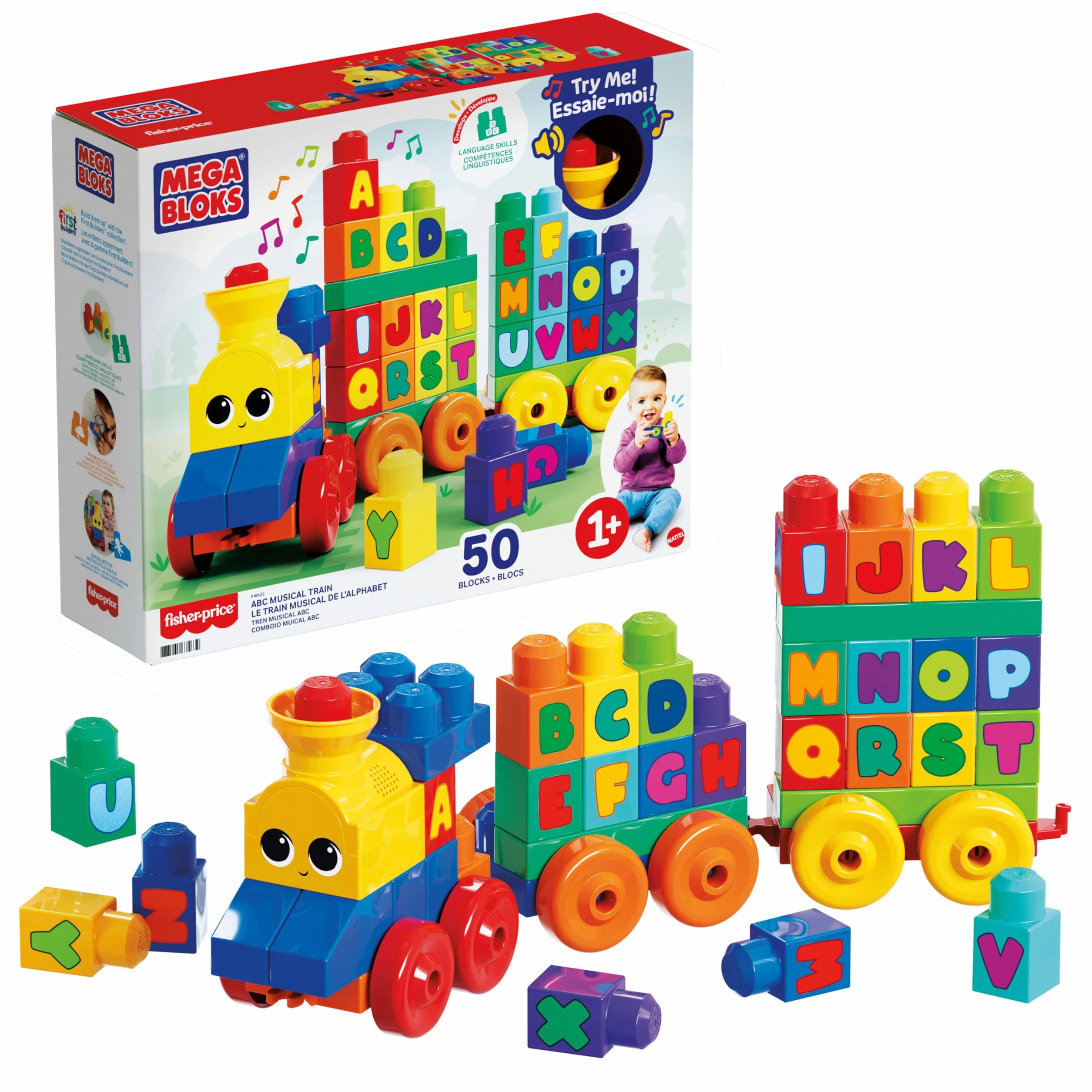 MEGA Bloks - Impara con il treno, trenino con blocchi dell'alfabeto per imparare le lettere e suoni realistici, Giocattolo per Bambini 1+ Anni, FWK22