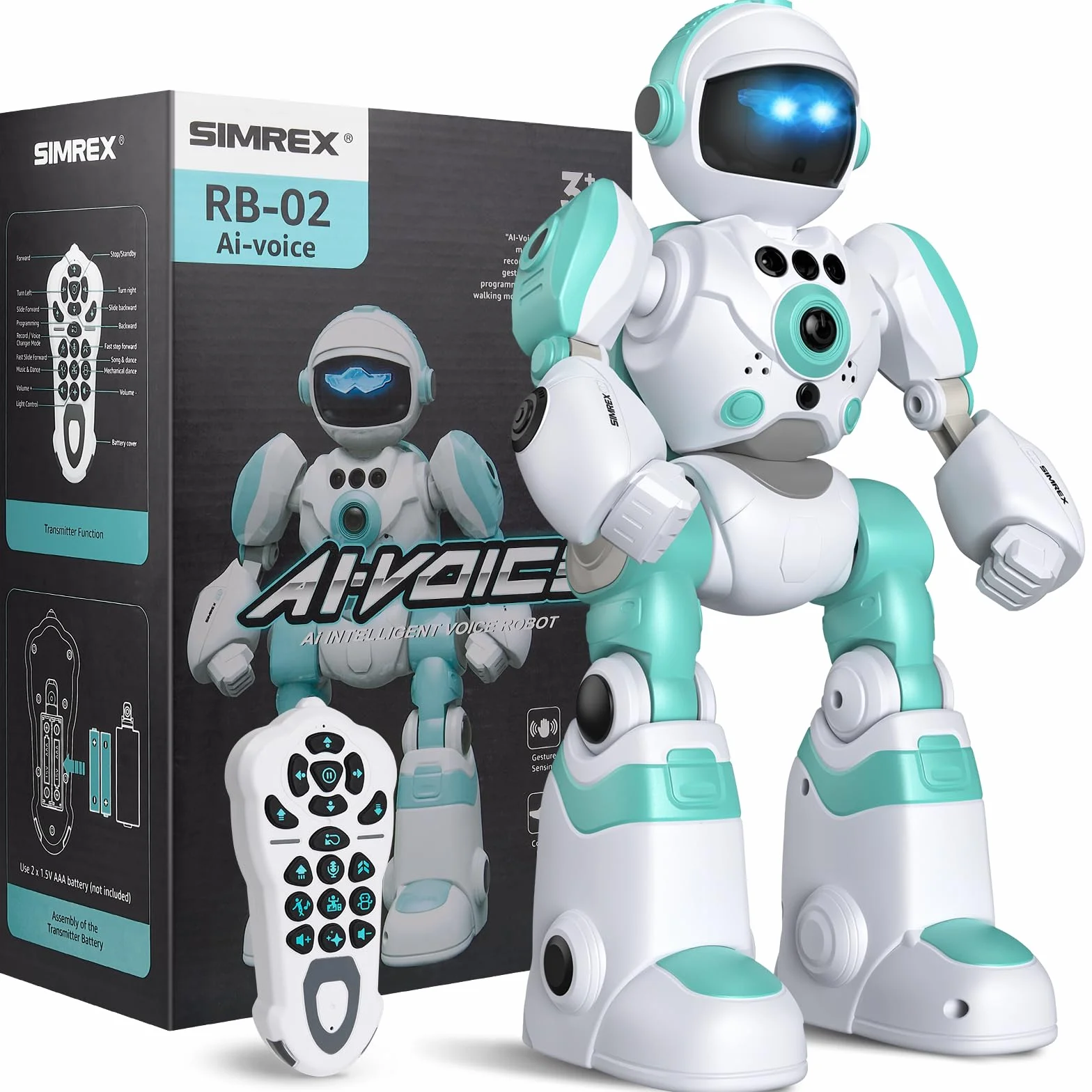 SIMREX Robot Bambini Giocattolo, Ricaricabile e Proiettibile, RC Robot con Occhi LED e Musica, RC Giocattolo con Sensore di Gesto per da 3 4 5 6 7 8 anni Ragazzi e Ragazze Regalo, Blu chiaro