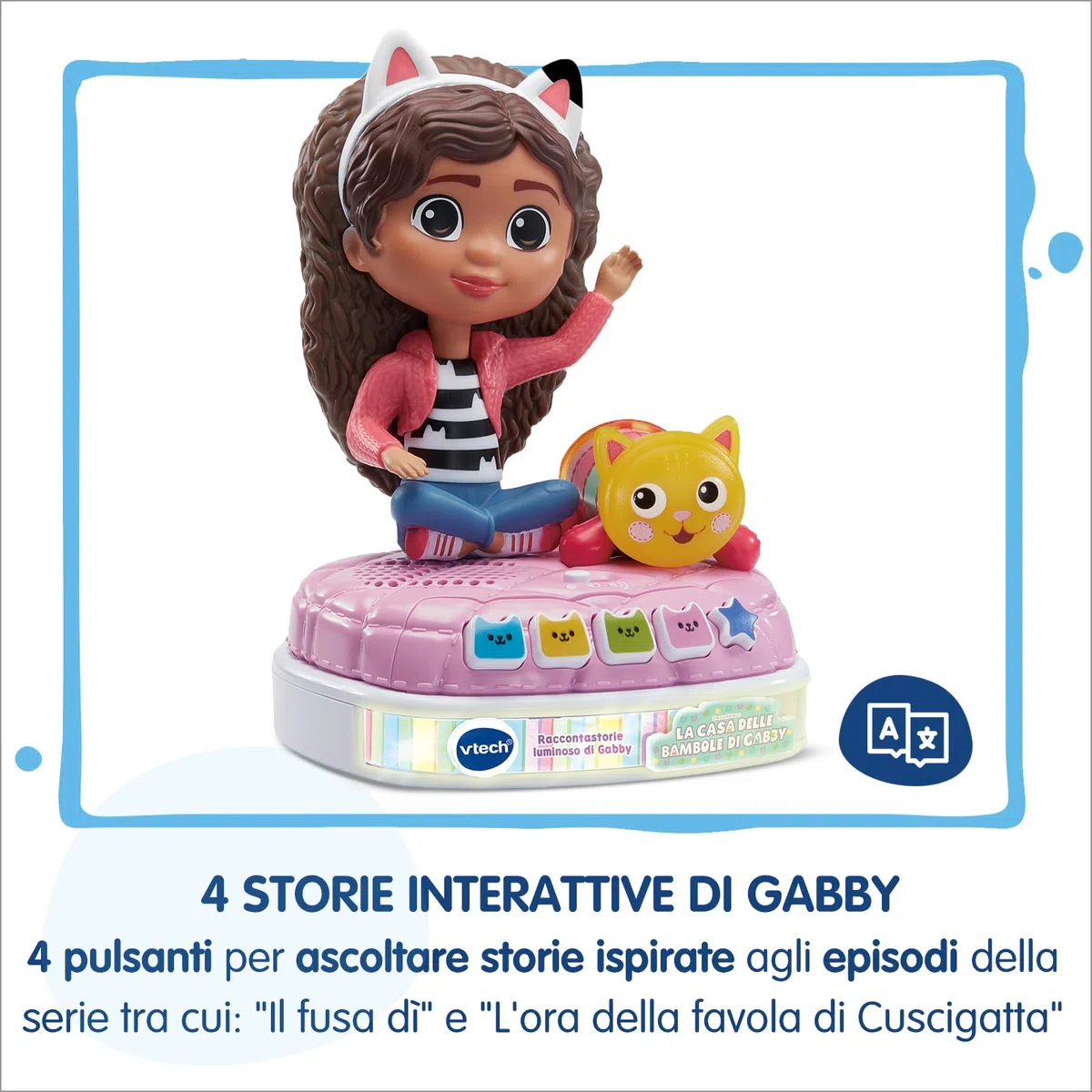 VTech Racconta Storie Luminoso di Gabby, Giocattolo Interattivo Raccontastorie con Suoni, Cuscigatta Utilizzabile come Luce Notturna, 4 Bottoni Interattivi, Lingua Italiana, Batterie Incluse, 3-7 Anni