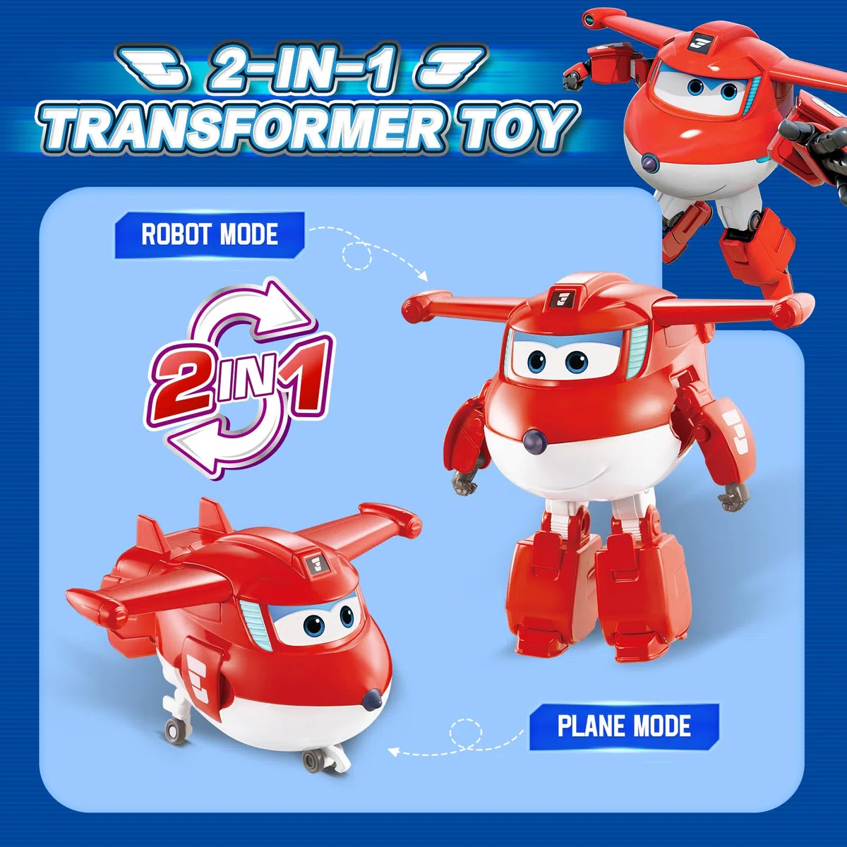 Super Wings Transformable aeroplano Supercharged Jett, altezza circa 12,7 cm, Figura d'azione 2 in 1, aeroplano giocattolo e figura robotica per bambini e bambine a partire da 3 anni